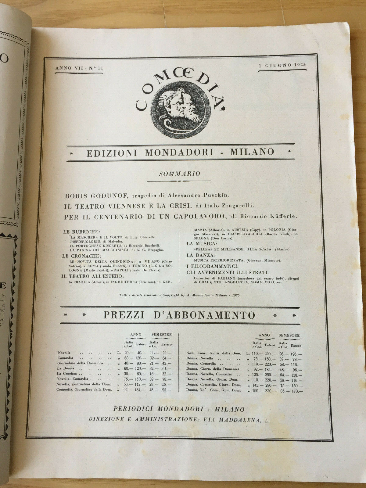 MONDADORI COMEDIA PERIODICO COMEDIA E VITA THEATRALE N° 11 1925 BORIS GODUNOF