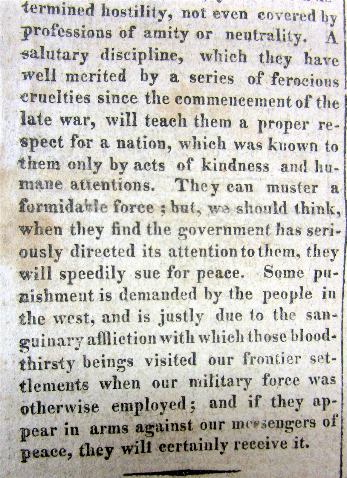 1815 newspaper with ESSAY calling NATIVE AMERICAN INDIANS BLOODTHIRSTY SAVAGES