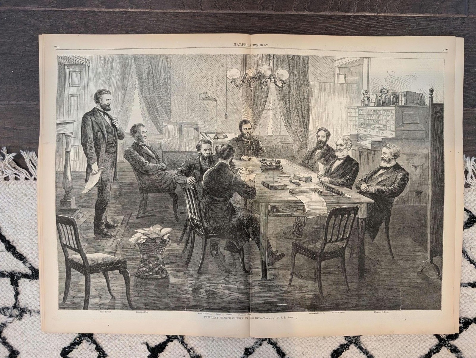 April 3 1869 Harpers Weekly, Grants Cabinet Centerfold, Fulton Market Fish Stand