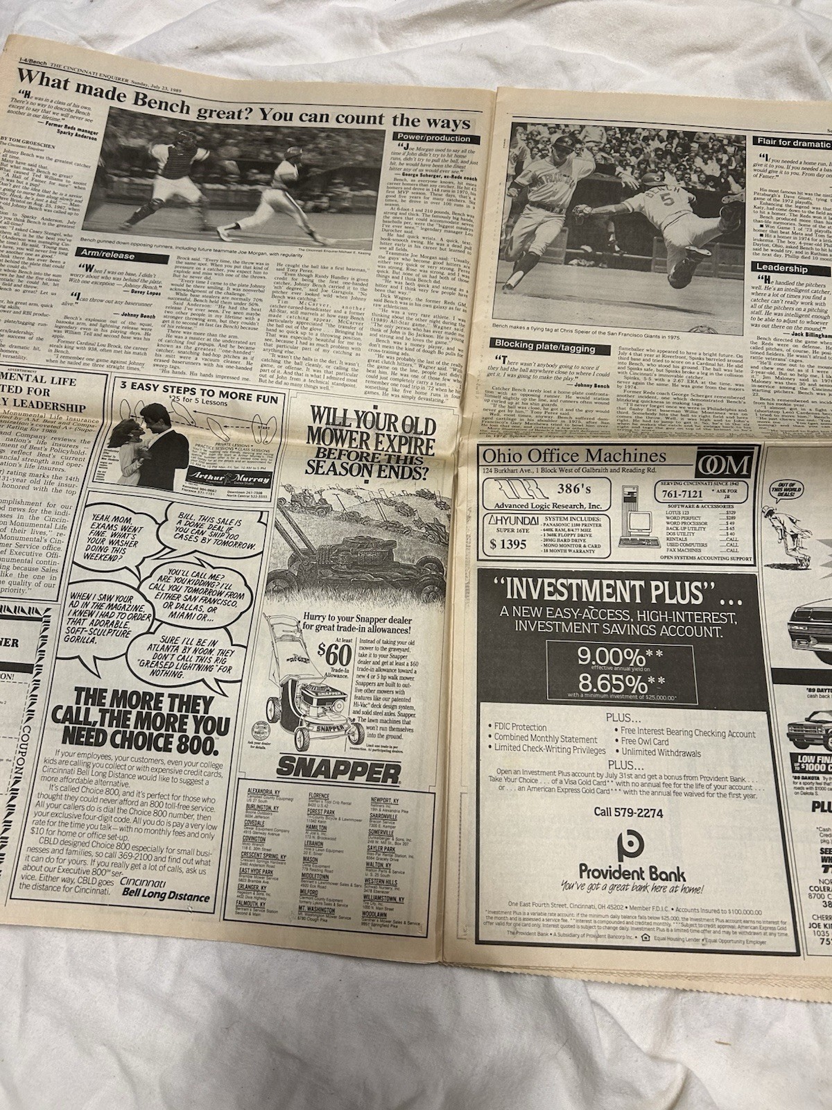 The Cincinnati Enquirer July 23, 1989 Johnny Bench’s into Baseball Hall of Fame
