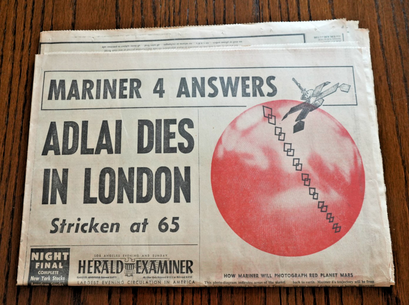 LOS ANGELES HERALD EXAMINER – WED July 14, 1965 – ALDAI DIES – NASA MARINER NEWS
