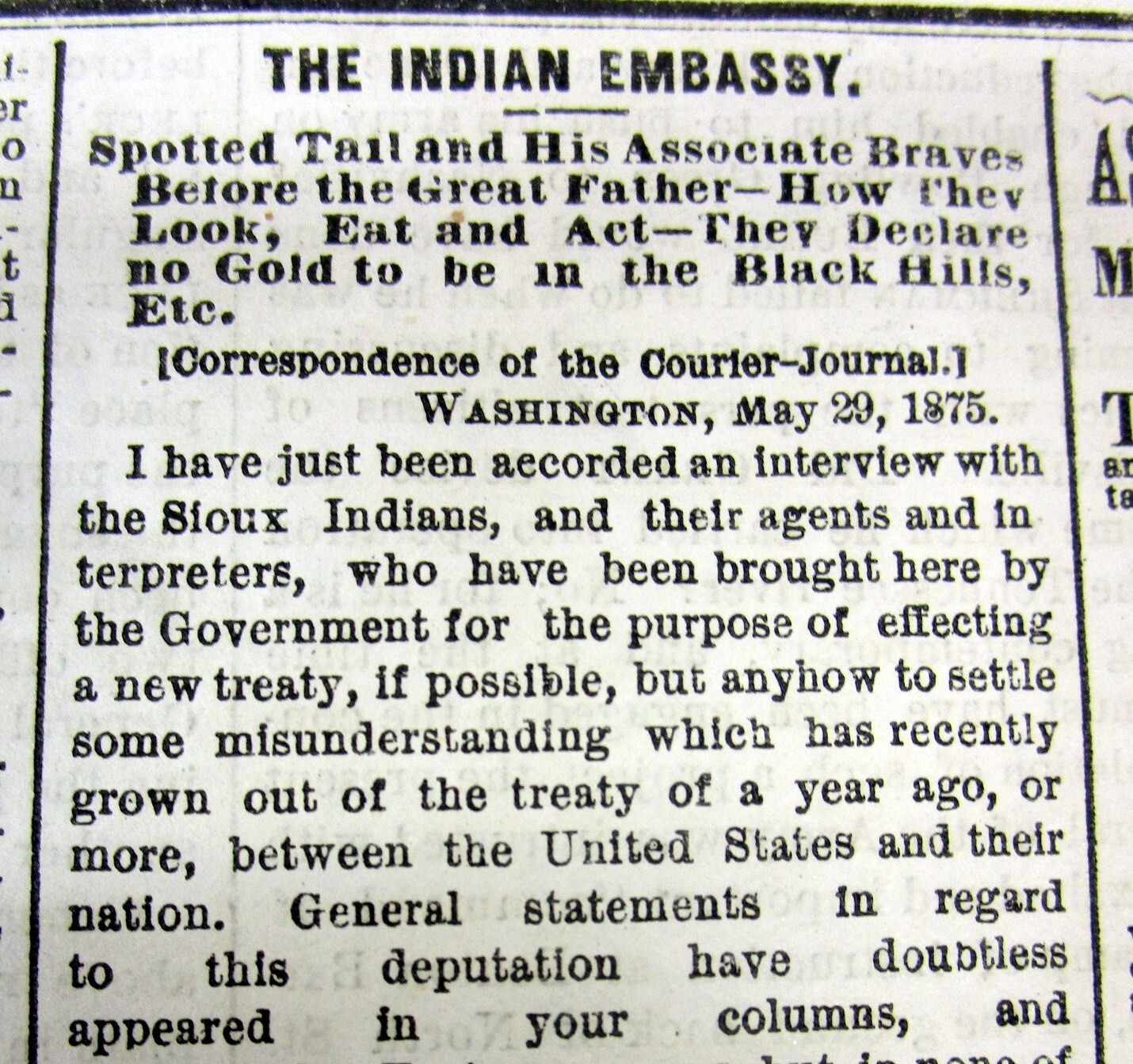 1875 Louisville KY newspaper SIOUX INDIAN DELEGATION led by Spotted Tail to DC