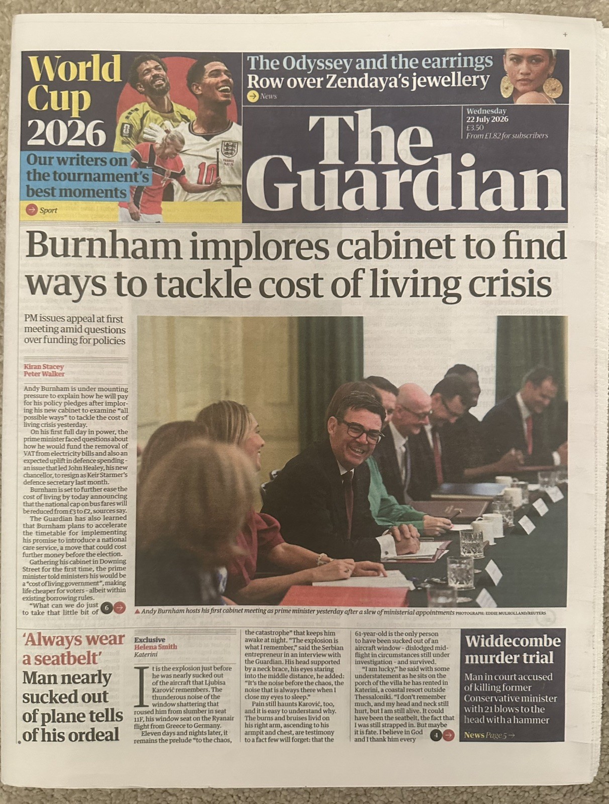 The Guardian 22nd July 2026 22/7/26 Andy Burnham First Cabinet Meeting