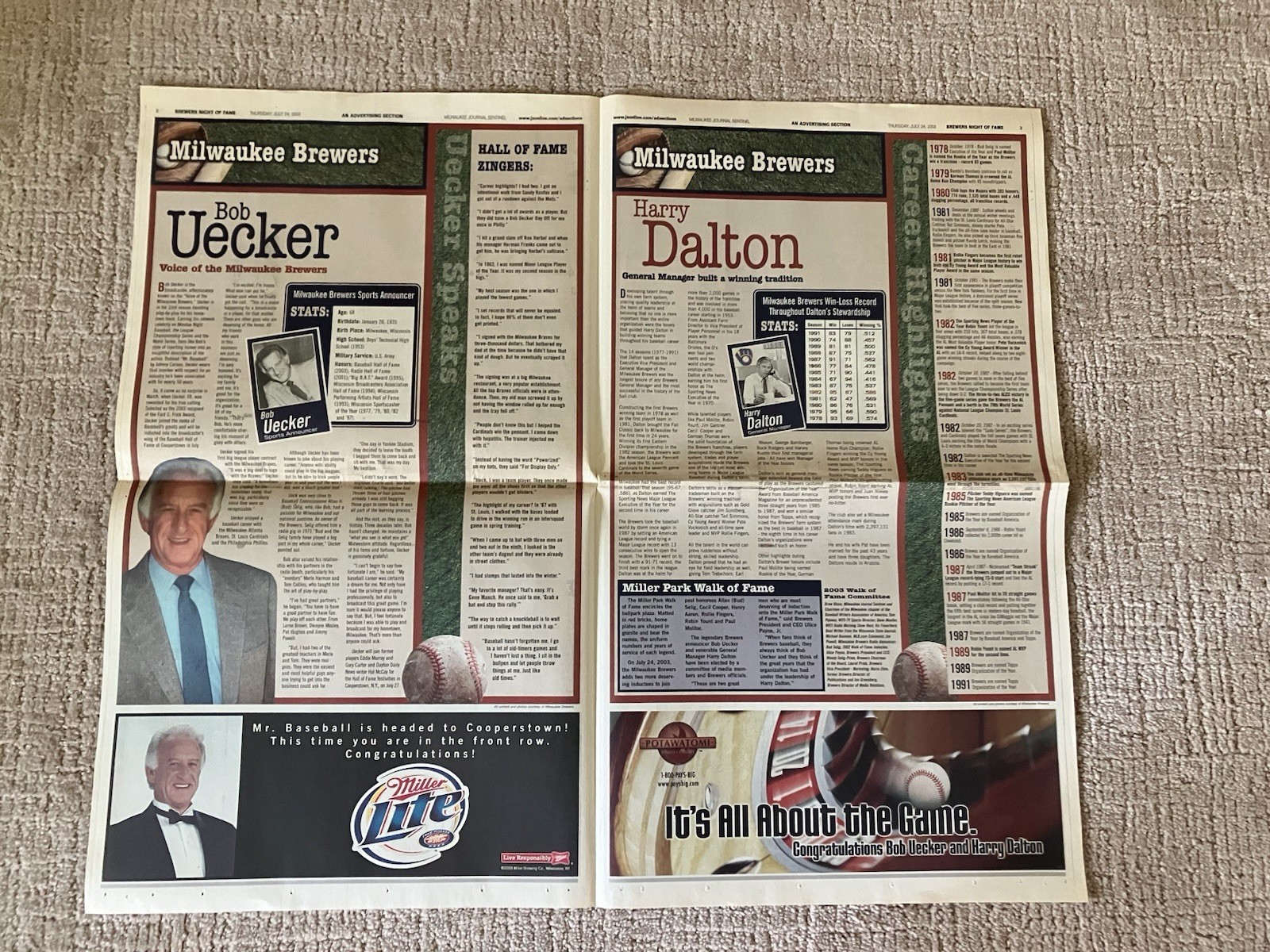MILWAUKEE NEWSPAPER BOB UECKER NIGHT HALL OF FAME INDUCTION SPECIAL SECTION 2003