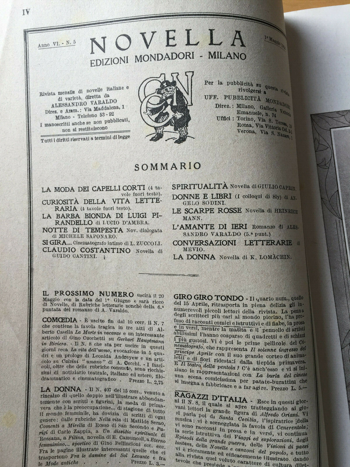 MONDADORI NOVELLA PERIODICAL ITALIAN WRITERS N° 5 1924 GUIDO CANTINI 02/19