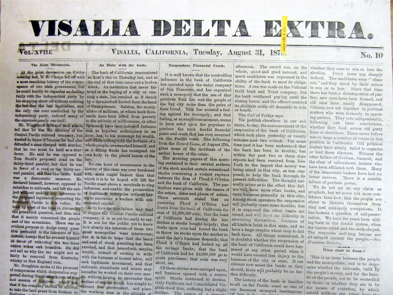 Rare 1873 VISALIA California newspaper broadside “extra” CALIFORNIA BANK FAILURE