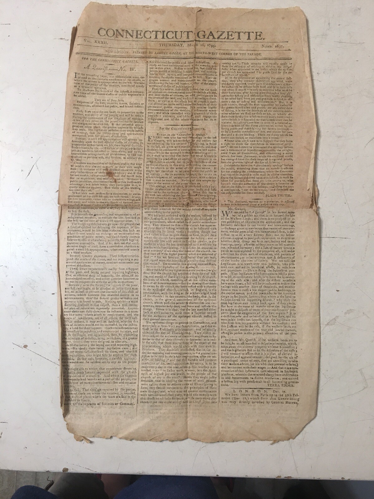 1795 Connecticut Gazette Newspaper Slave Sale Western Reserve Thanksgiving