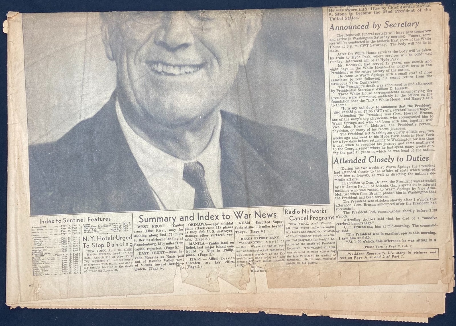 MILWAUKEE SENTINEL – April 13, 1945 – Franklin Roosevelt dies – World War II