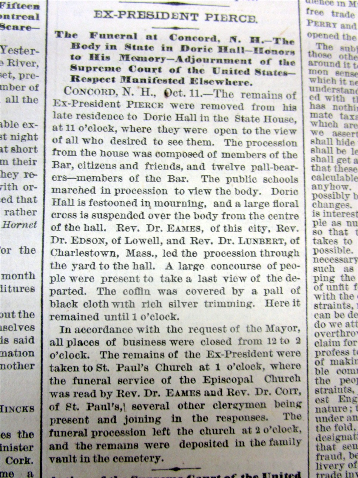 2 1869 NY Times newspapers with DEATH & FUNERAL of Ex-PRESIDENT FRANKLIN PIERCE