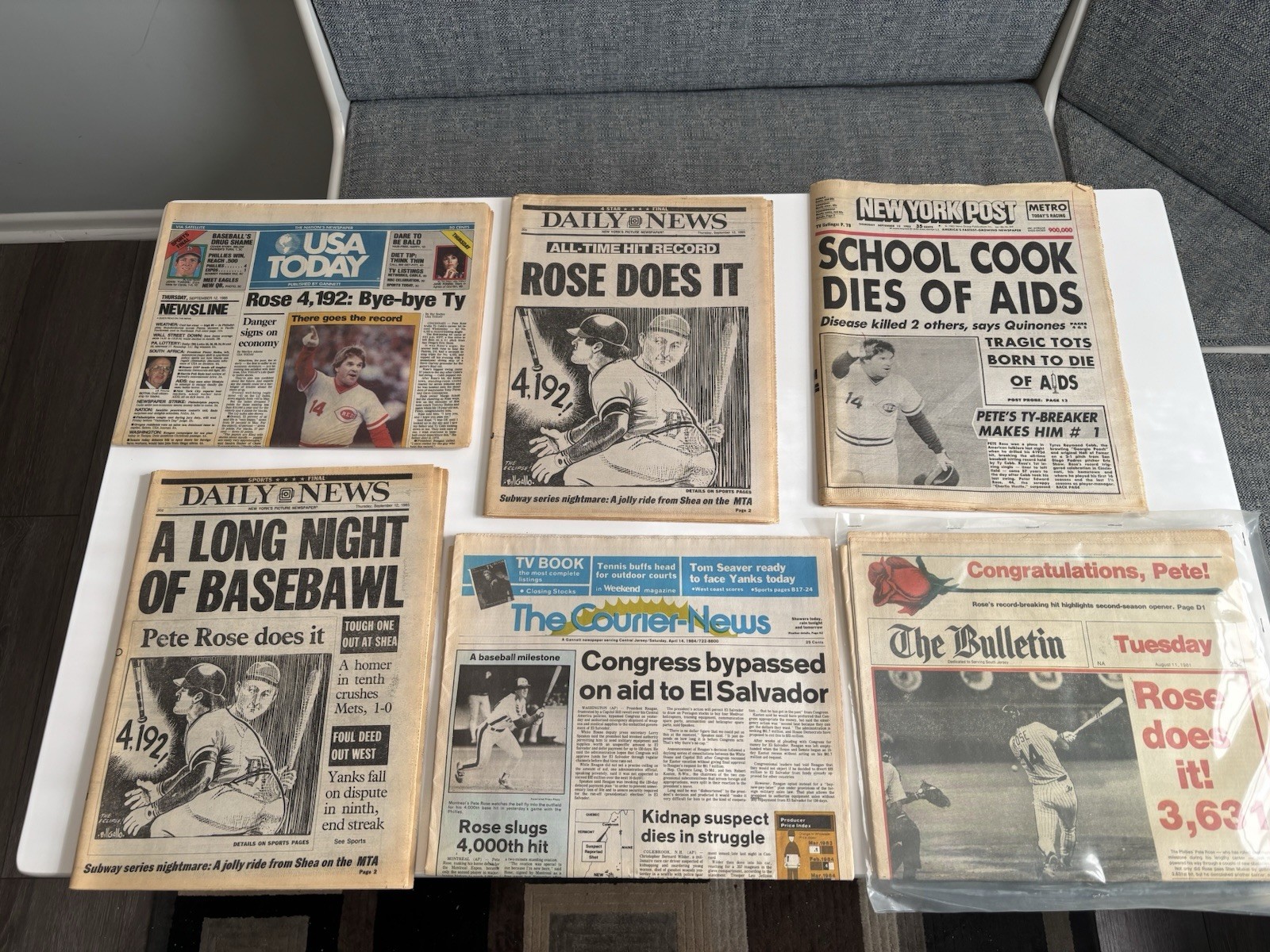 LOT OF 6 PETE ROSE (ALL TIME HIT KING) MILESTONES NEWSPAPERS 3631/4000/4192