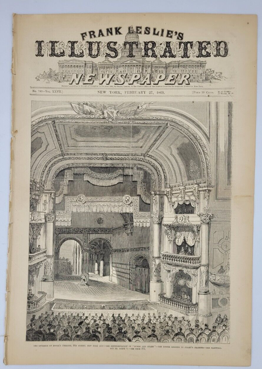 Frank Leslie’s 2/27/1869 Rutgers College / Booth Theater NYC / Grant’s Election