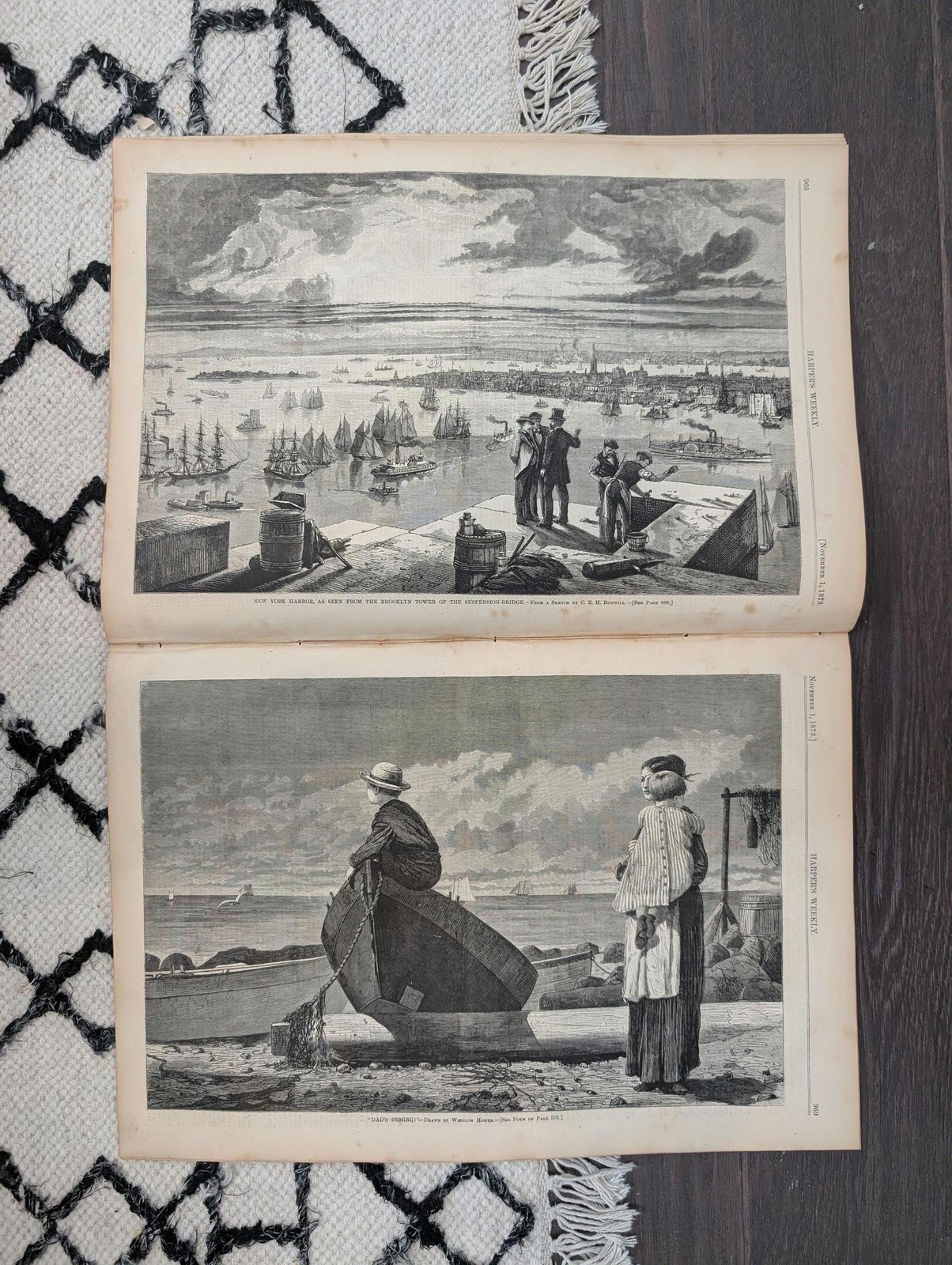 Nov 1 1873 Harpers Weekly, Winslow Homer “Dads Coming,” Brooklyn Bridge Tower