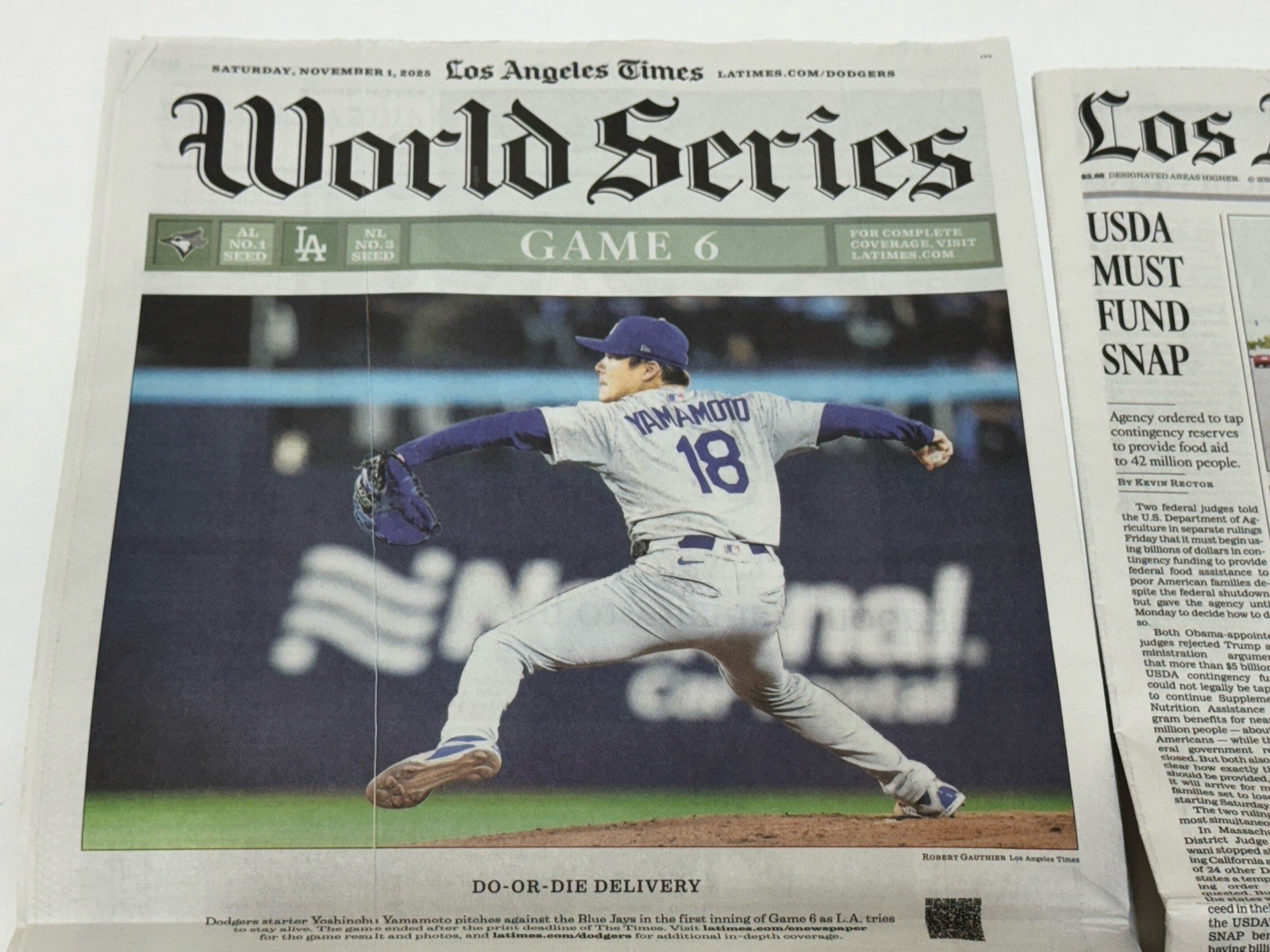 Los Angeles LA Times 11/01/2025 MLB World Series Dodgers Game 6 Yamamoto MVP