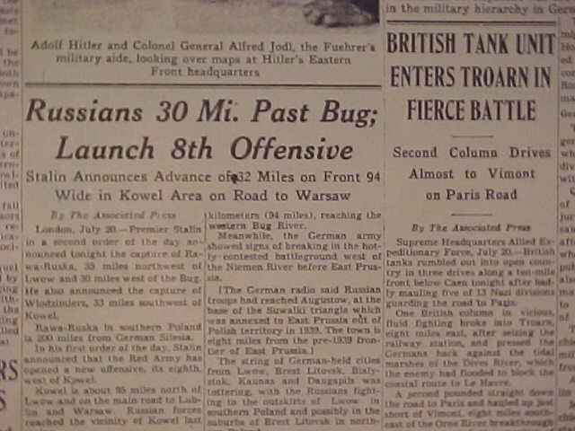 VINTAGE NEWSPAPER HEADLINE WORLD WAR 2 GERMAN NAZI HITLER HURT BOMBED WWII 1944