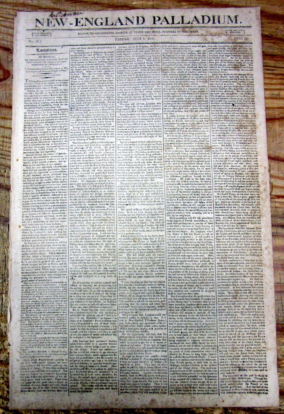 1803 newspaper w Early news of the LOUISIANA PURCHASE by THOMAS JEFFERSON admin