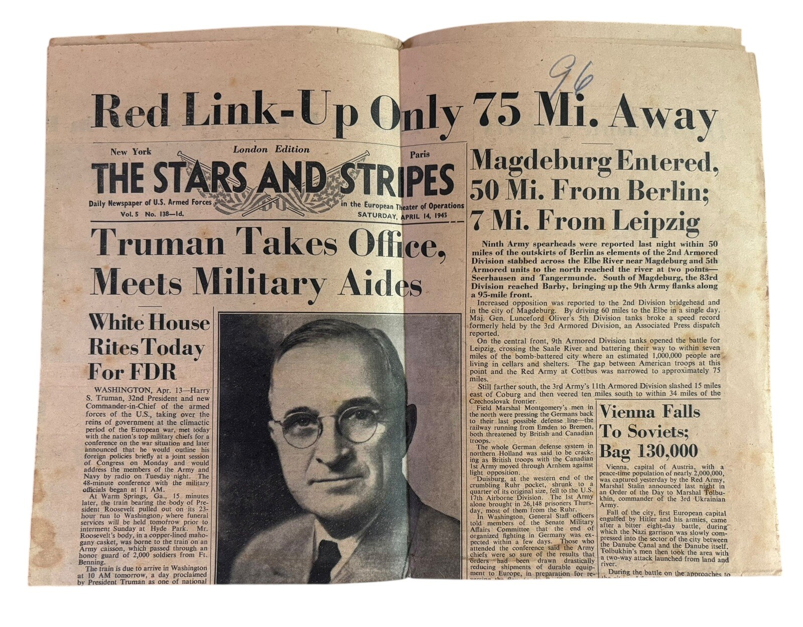 THE STARS AND STRIPES Newspaper April 14th 1945 Harry Truman Takes Office FDR