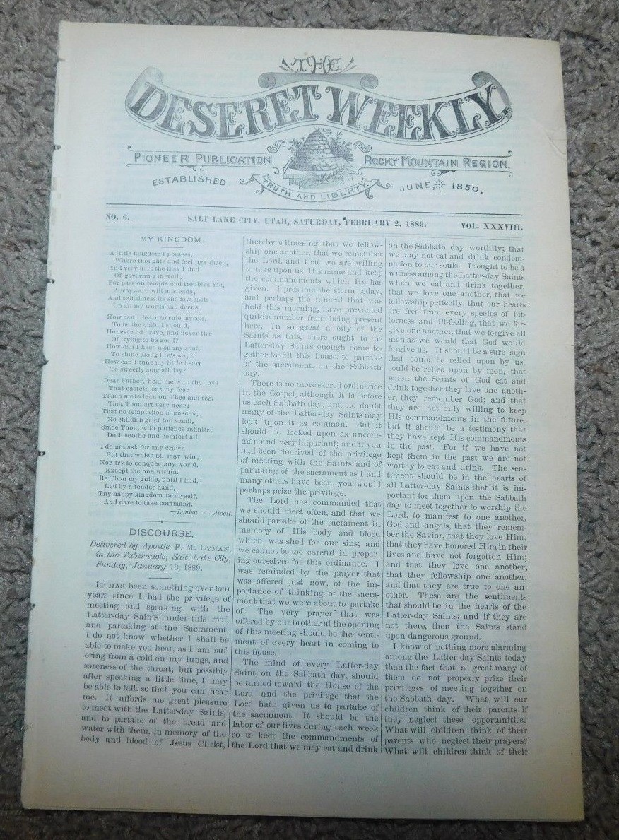 February 2 1889 DESERET WEEKLY Salt Lake City UTAH