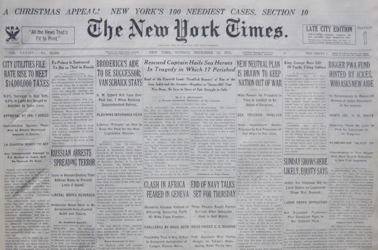 12-1934 December 16 CLASH IN AFRICA FEARED IN GENEVA. RESCUED CAPTAIN HAILS 81st