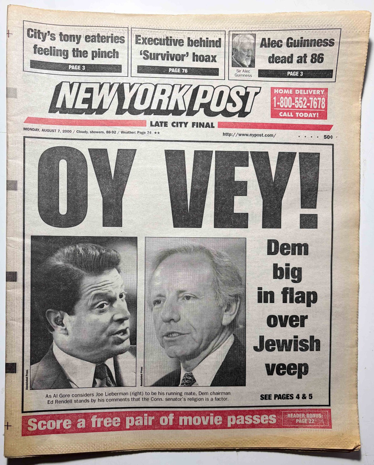 NEW YORK POST ‘Classic’, August 7, 2000, “OY VEY” headline! Rare, Near Mint