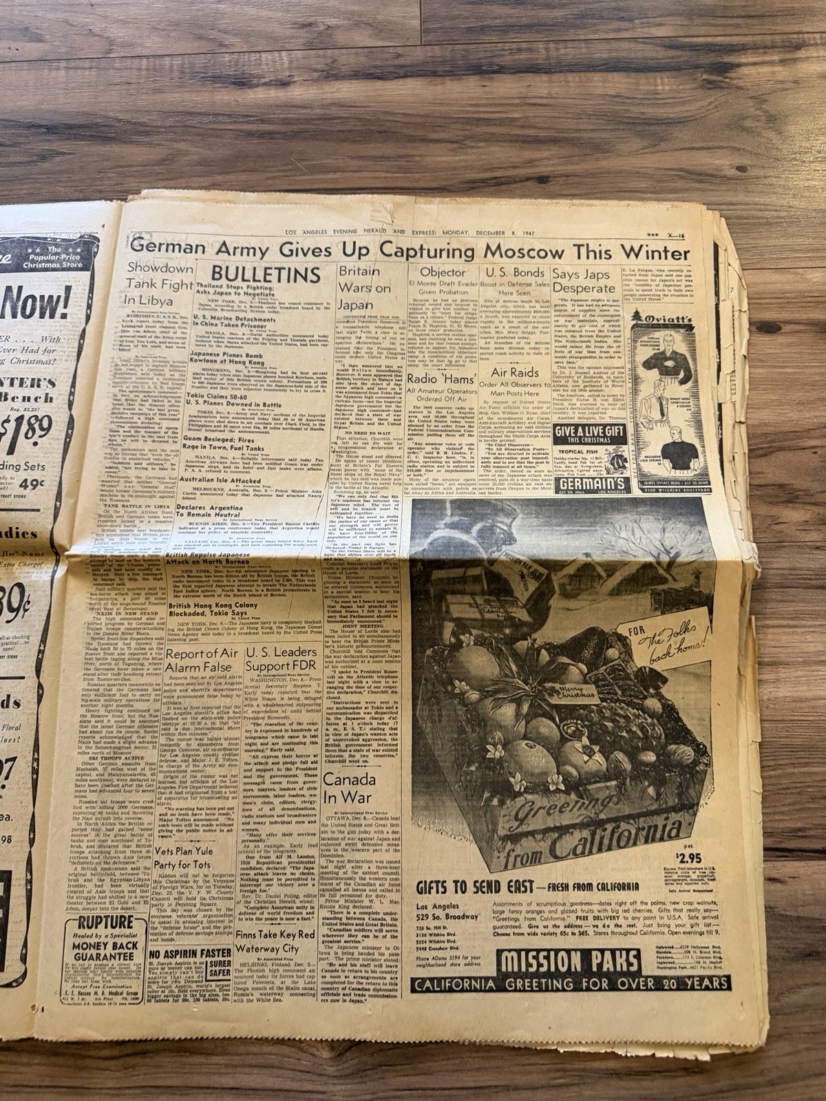 Los Angeles Examiner Newspaper EXTRA December 8, 1941 WAR DECLARED BY US PEARL H