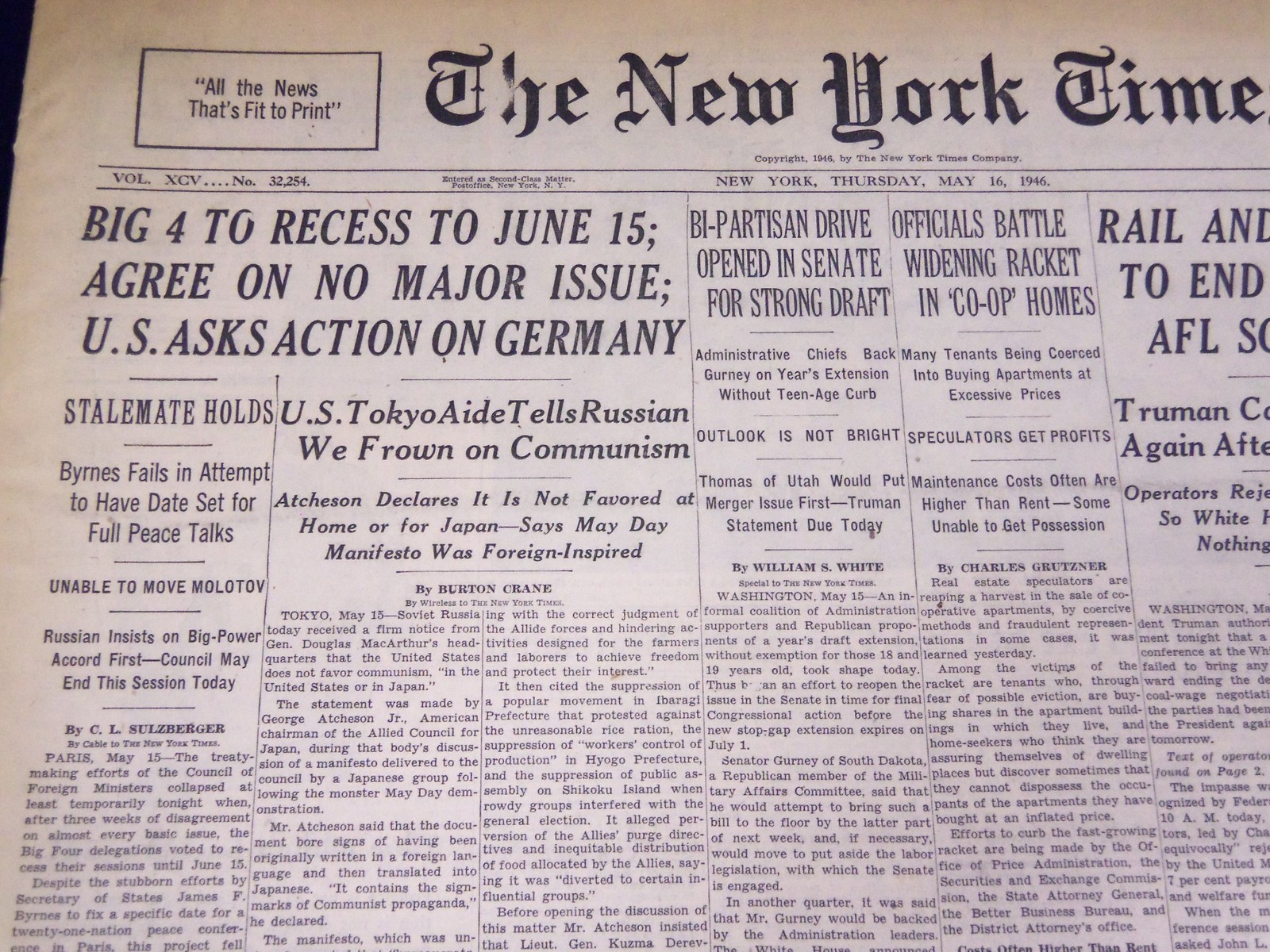 1946 MAY 16 NEW YORK TIMES – U. S. ASKS ACTION ON GERMANY – NT 2968