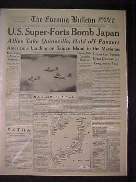 VINTAGE NEWSPAPER HEADLINES~WORLD WAR 2 B-29 PLANES BOMB TOKYO JAPAN WWII 1944