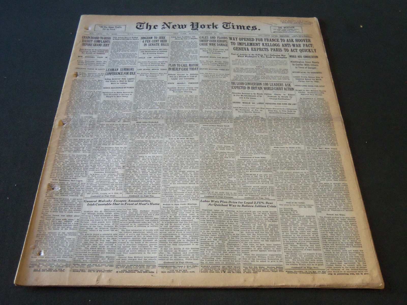 1930 NOV 24 NEW YORK TIMES – HOOVER TO IMPLEMENT KELLOGG ANTIWAR PLAN – NT 6332