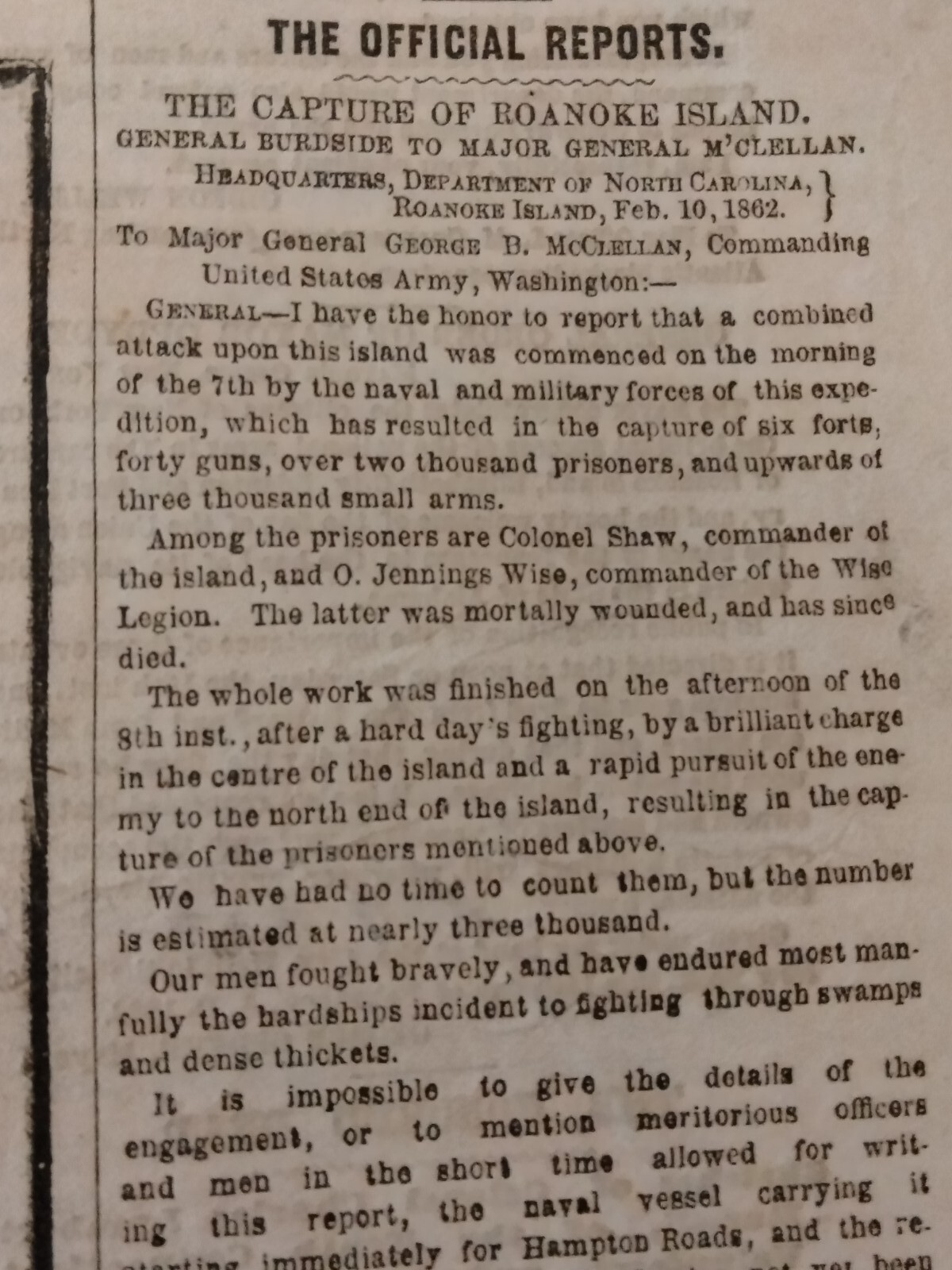Civil War Newspapers- BRILLIANT VICTORY AT ROANOKE, BOMBARDMENT OF FORT DONELSON