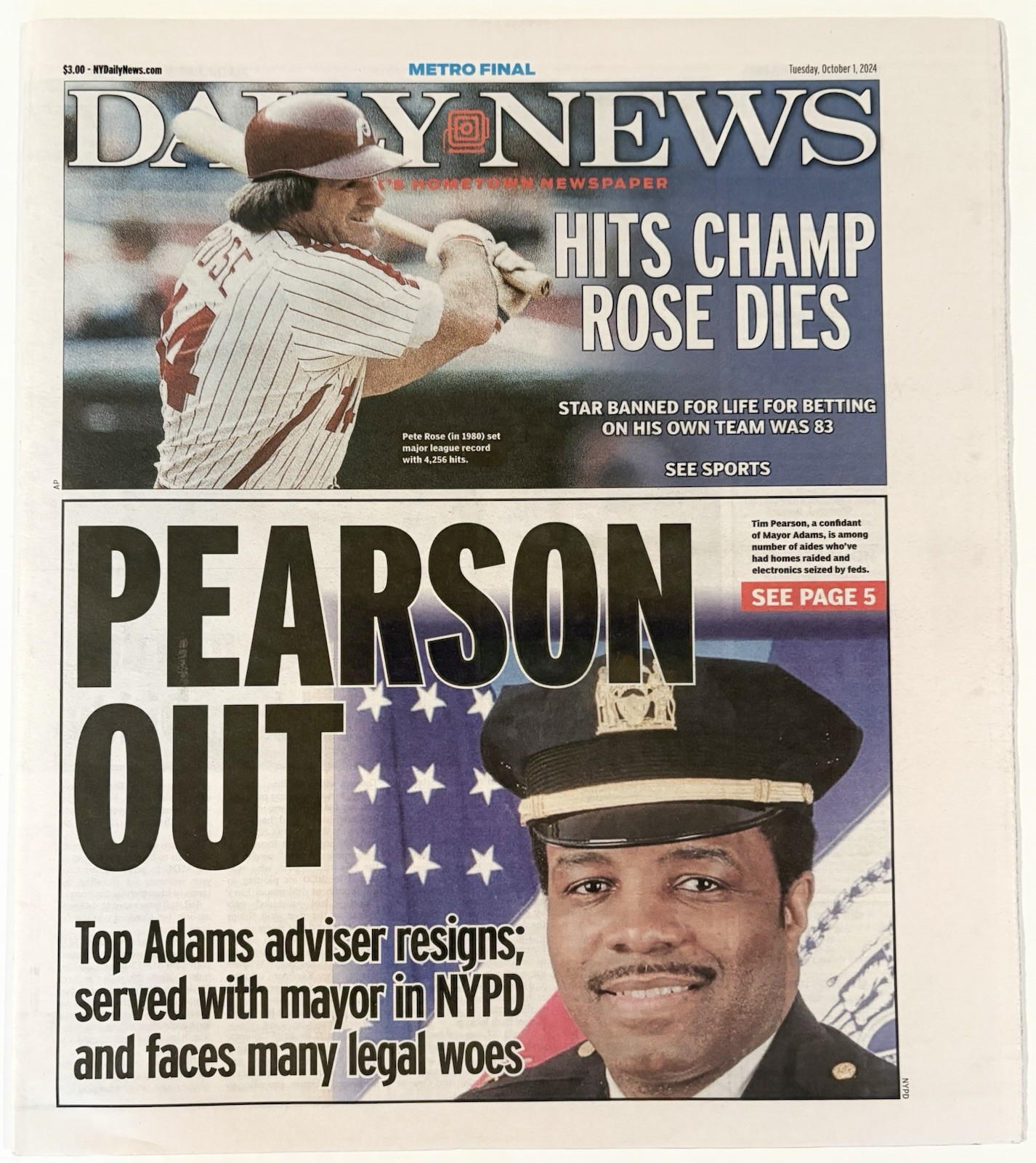 October 1, 2024 New York Daily News Baseball Star Pete Rose Dead At 83