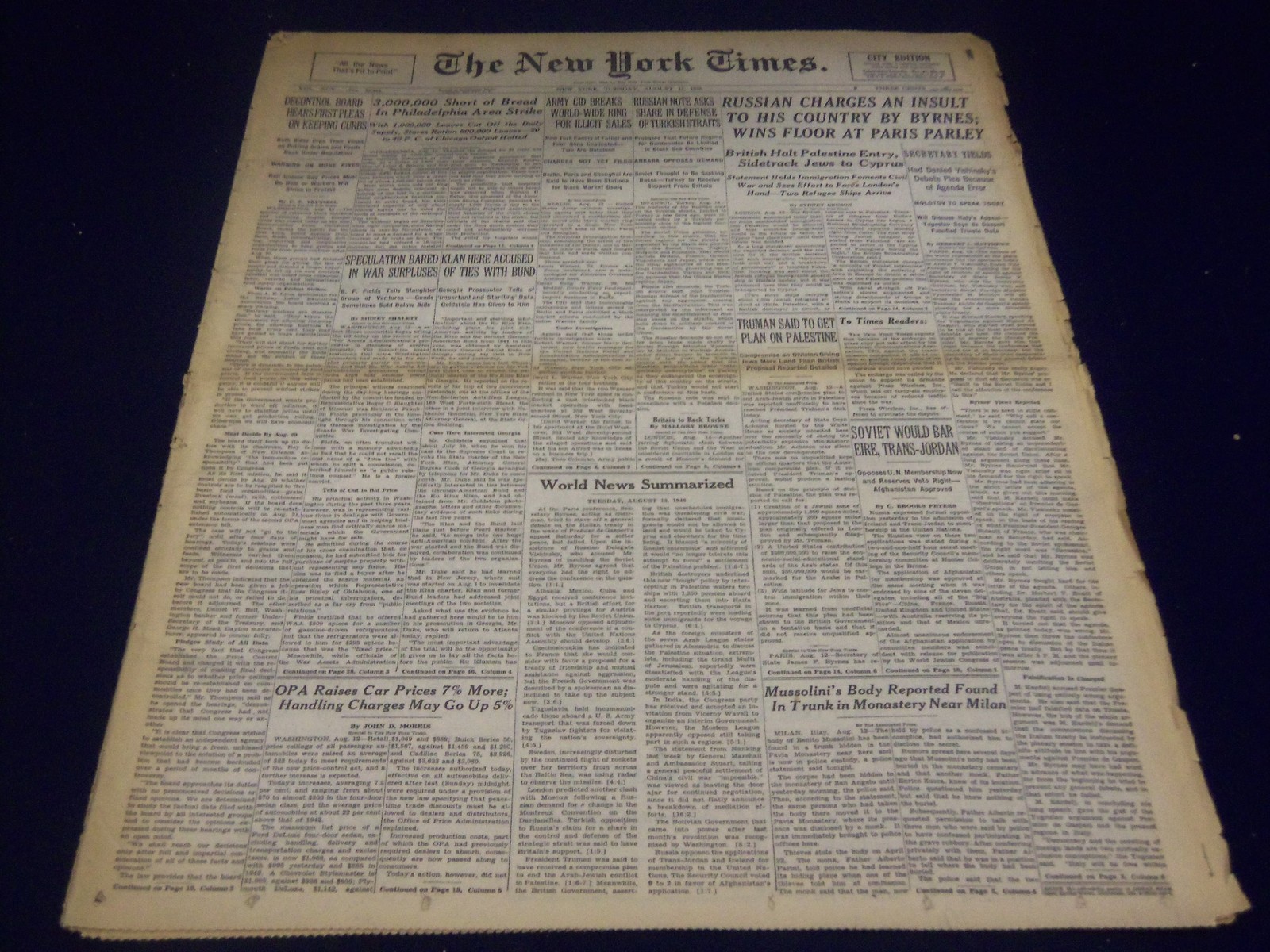 1946 AUGUST 13 NEW YORK TIMES – TRUMAN TO GET PLAN ON PALESTINE – NT 3458