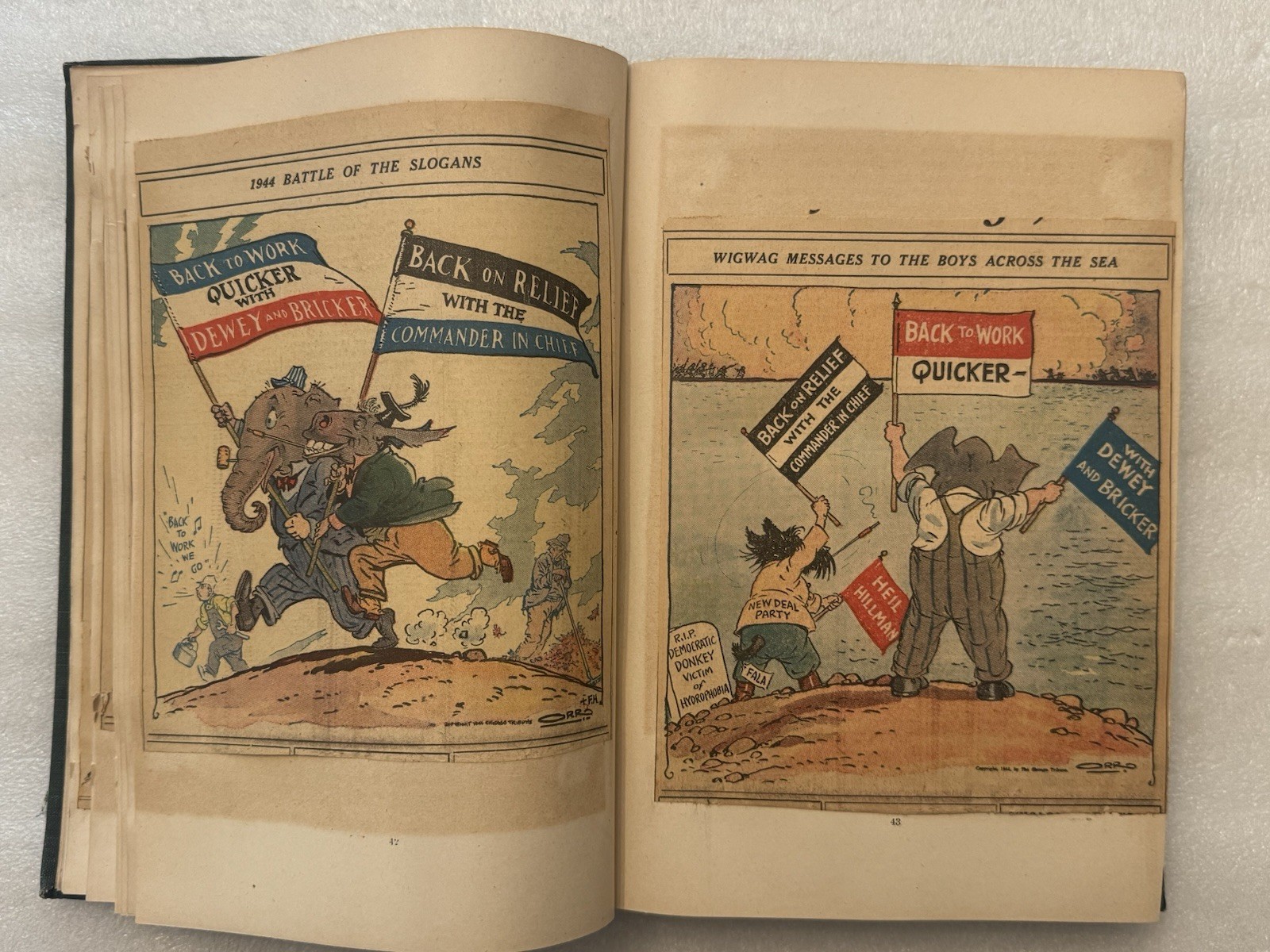 1944-1946 WW2 Newspaper Scrapbook Chicago Tribune Political Cartoon Hand Colored