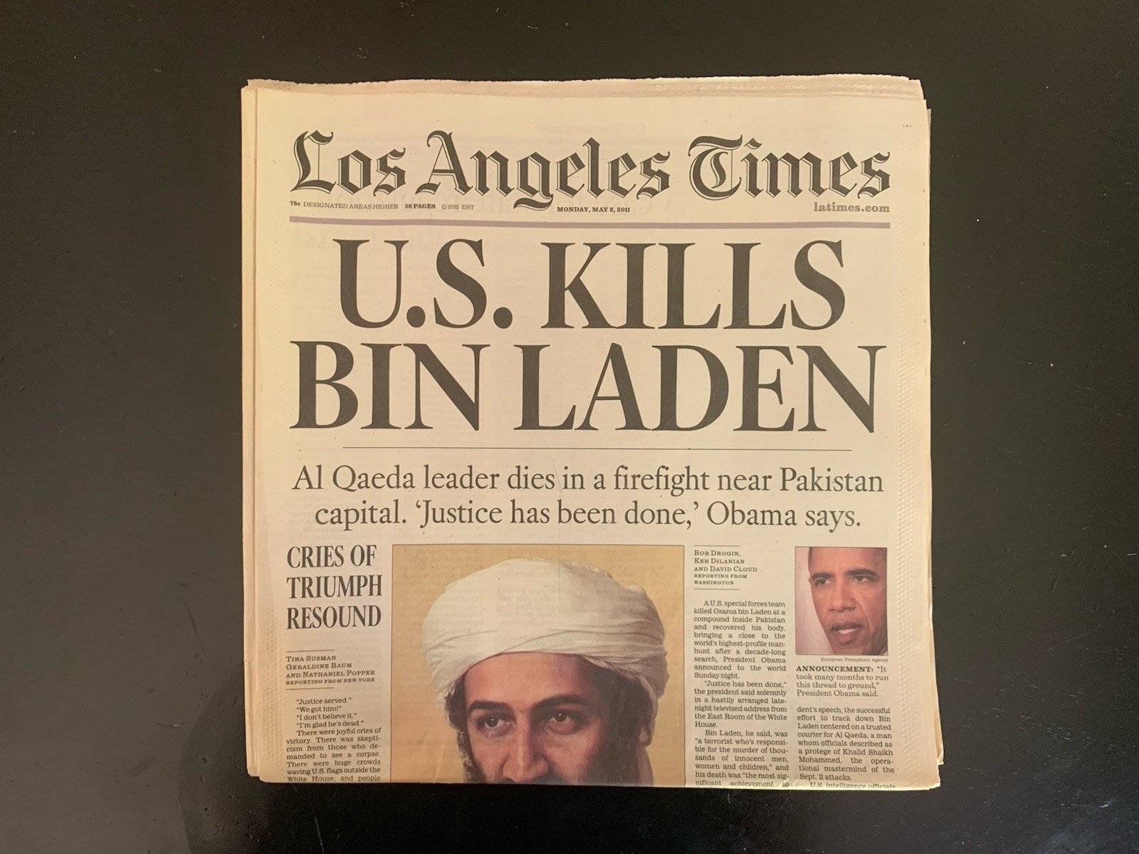 Los Angeles LA Times “U.S. Kills Bin Laden” May 2 2011 Full Newspaper Paper