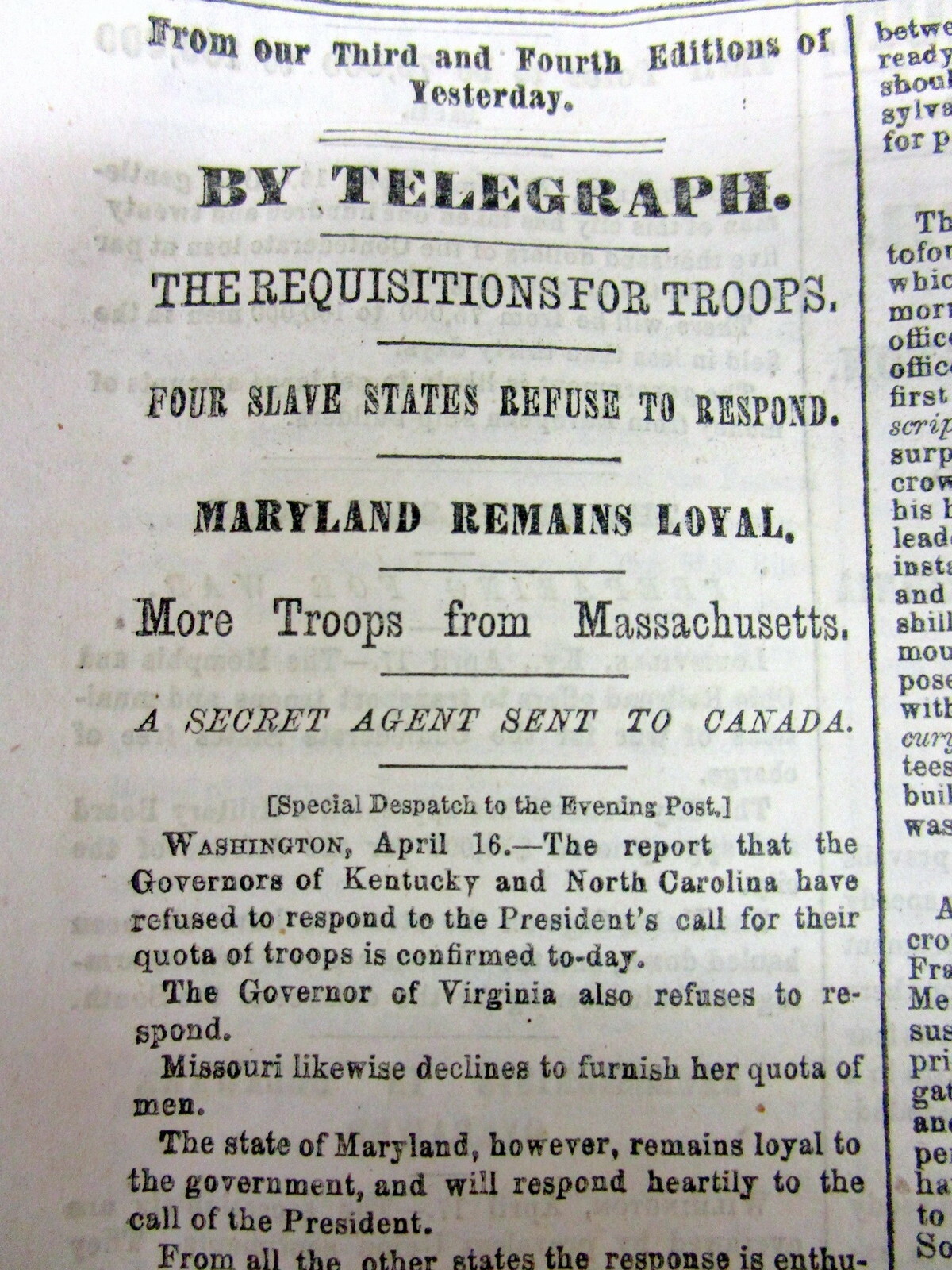 1861 Civil War newspaper THE STATE of MARYLAND REMAINS LOYAL to the UNION