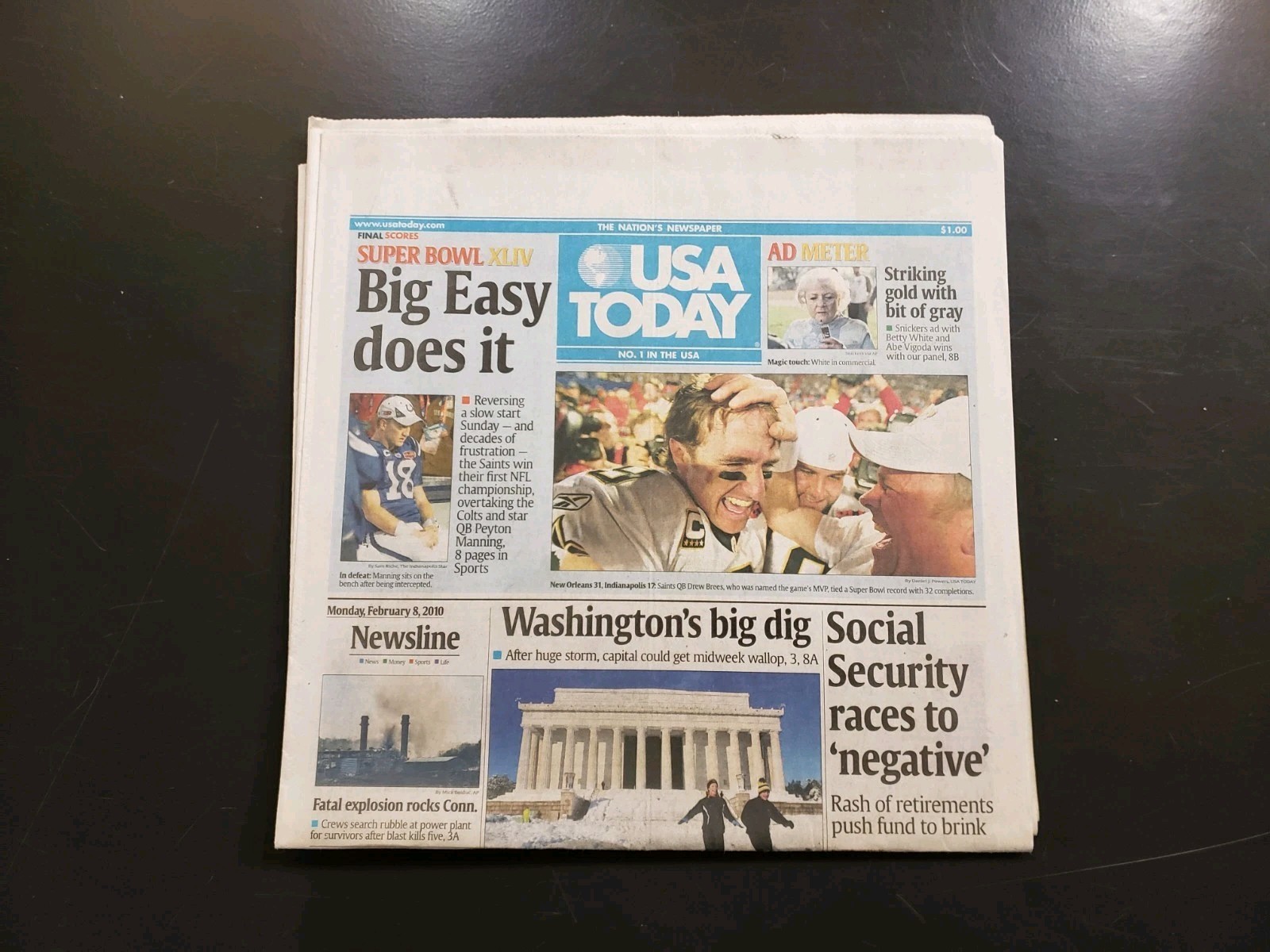 2009 Super Bowl XLIV USA Today Newspaper New Orleans Saints Win February 8, 2010