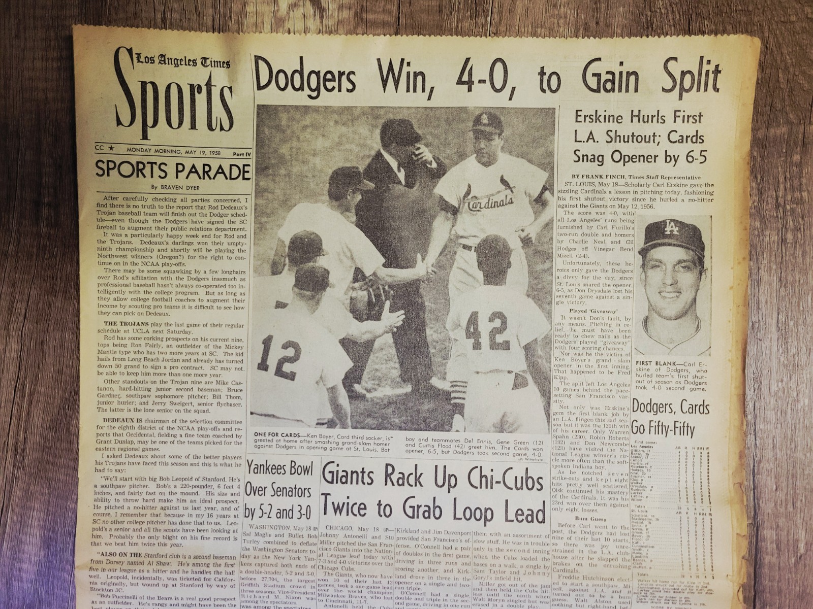 1958 May 19: LA Los Angeles Times Sports MLB Dodgers Erskine Win, Sam Snead Wins