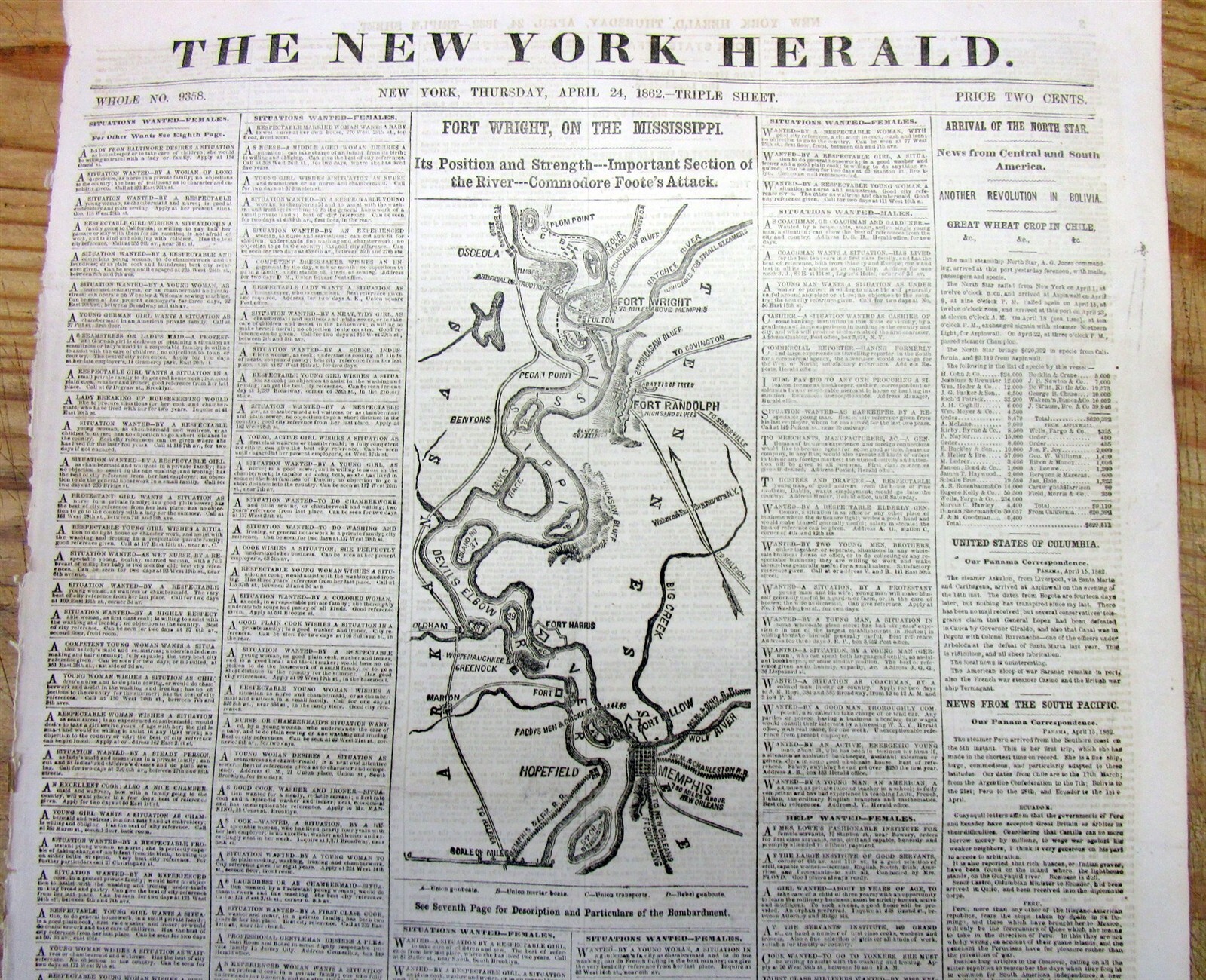 1862 Civil War newspaper w MAP MEMPHIS Tennessee -Ft Wright on MISSISSIPPI RIVER