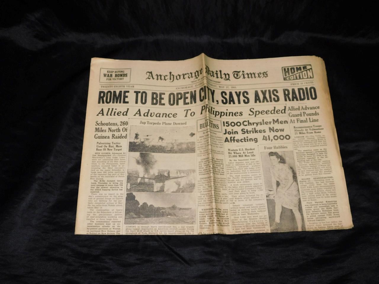 May 27 1944 Anchorage Alaska Newspaper WW2 Valmontone Rome Chrysler Strike Mills