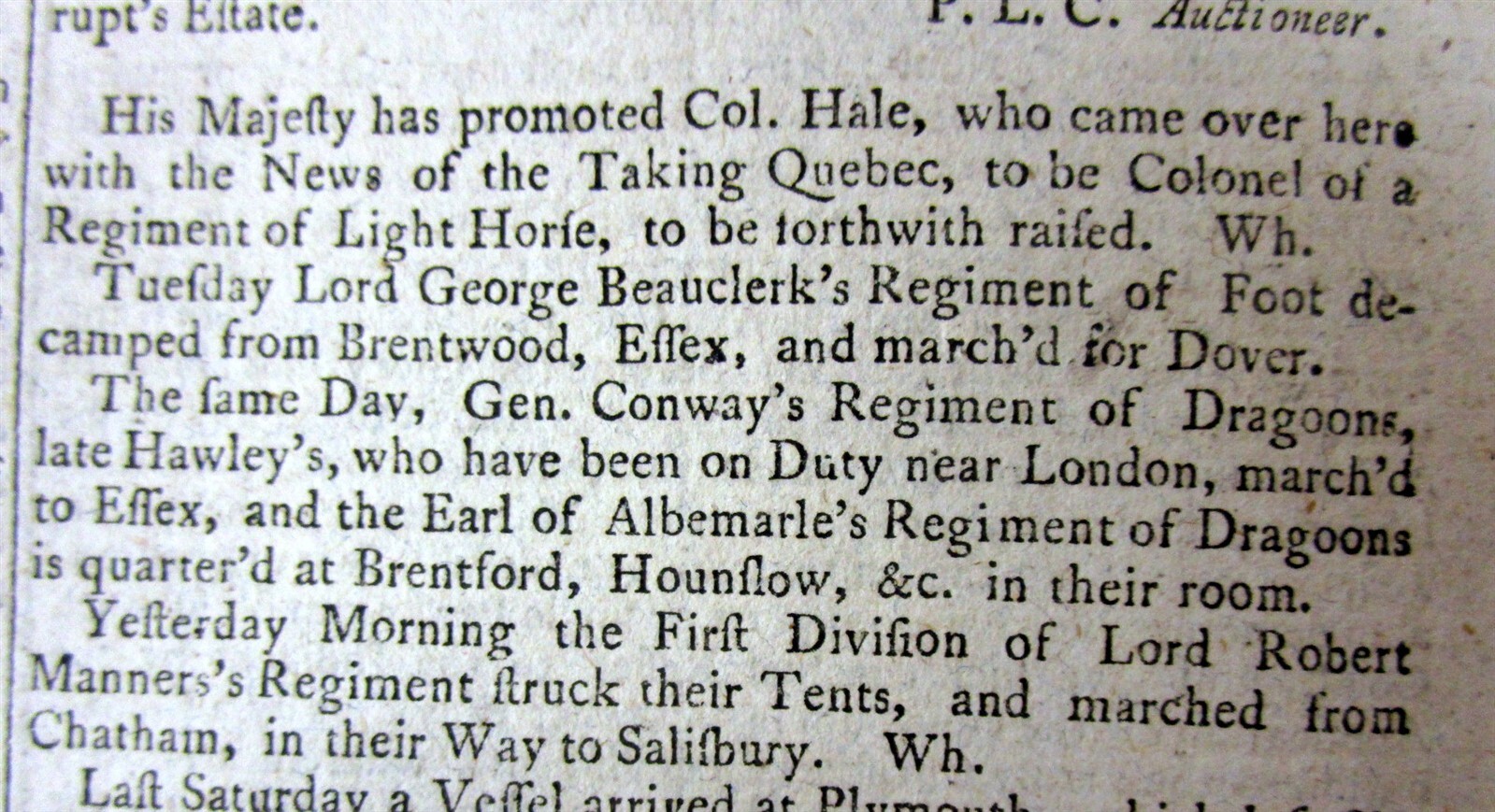 1759 newspaper CAPTURE of QUEBEC Canada by BRITISH duringThe French & Indian War