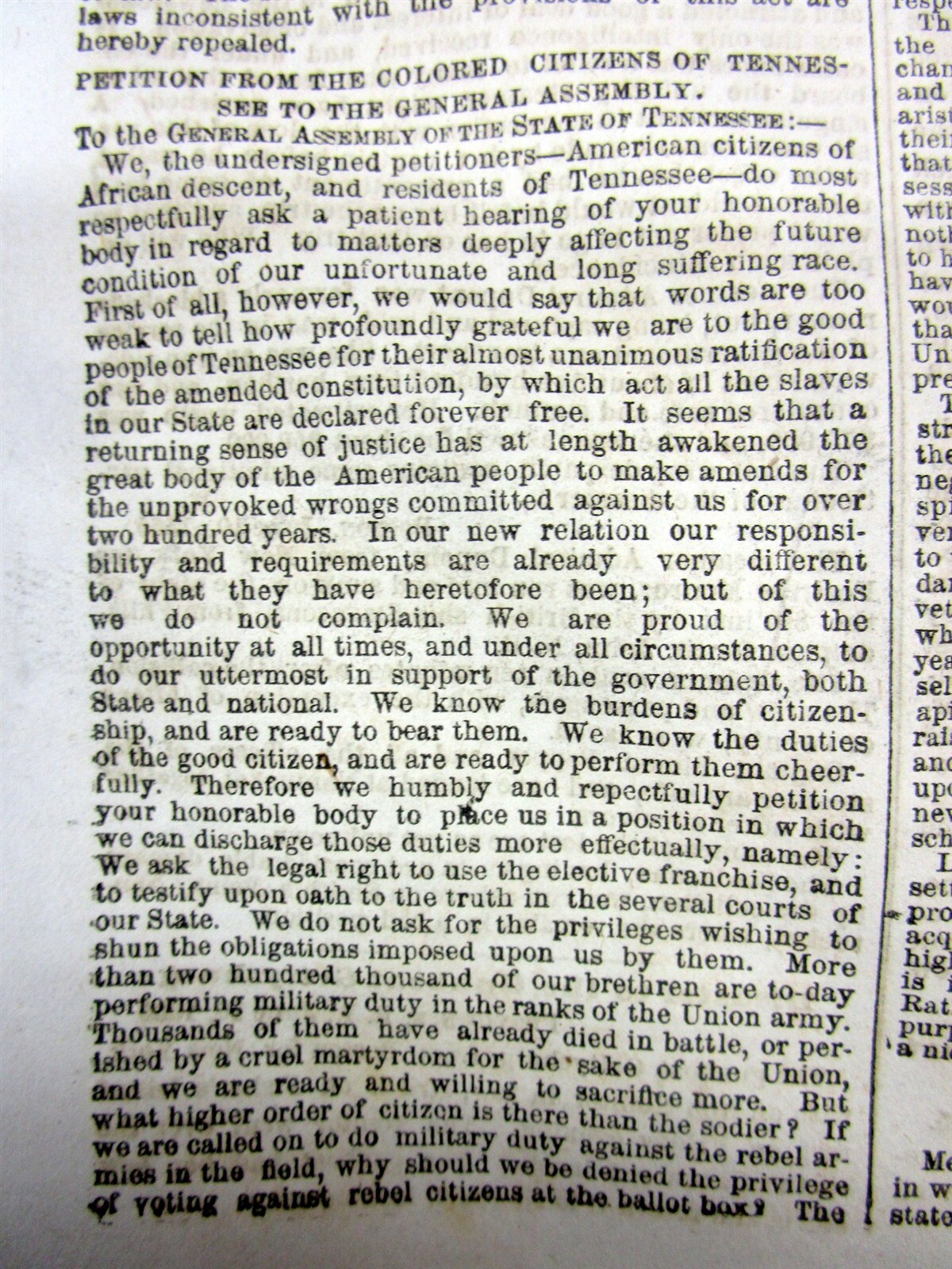 1865 newspaper w FATE of the FREED NEGR0 SLAVES in TENNESSEE after the Civil War