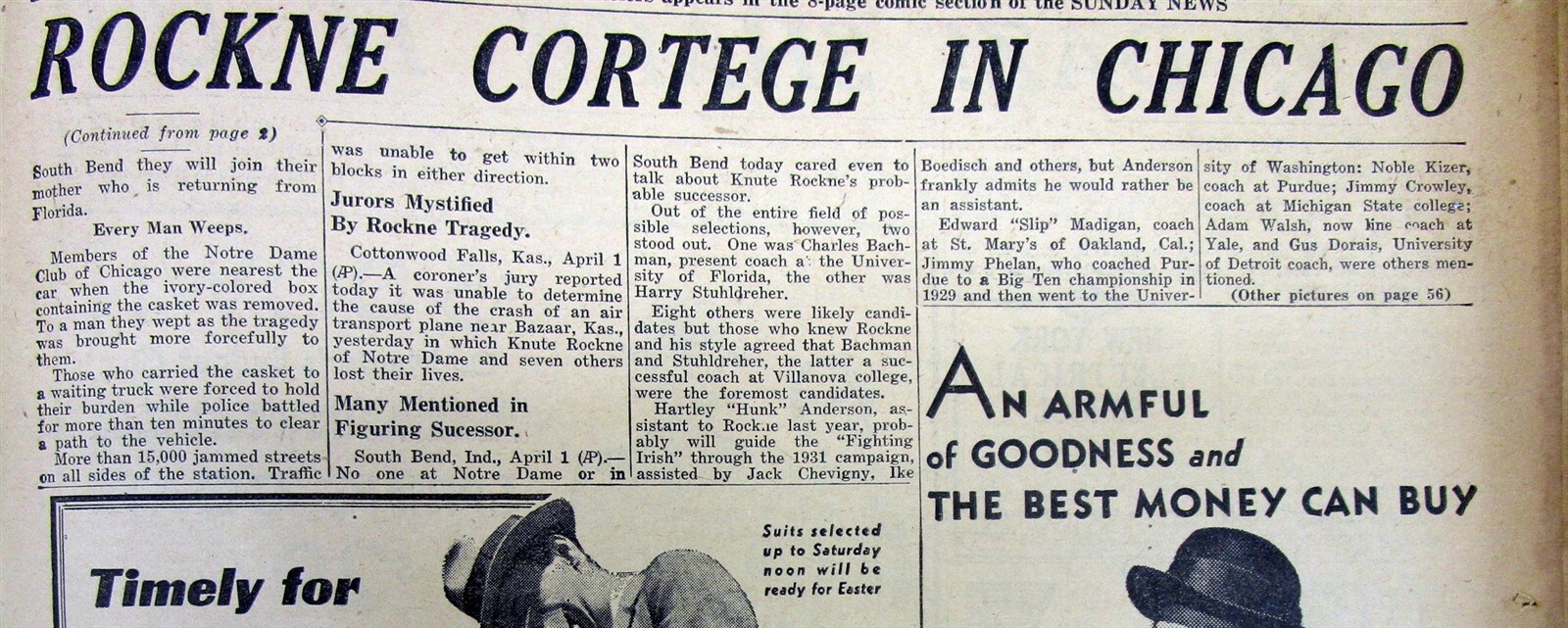 Apr 1931 newspaper Notre Dame football coach KNUTE ROCKNE KILLED in PLANE CRASH