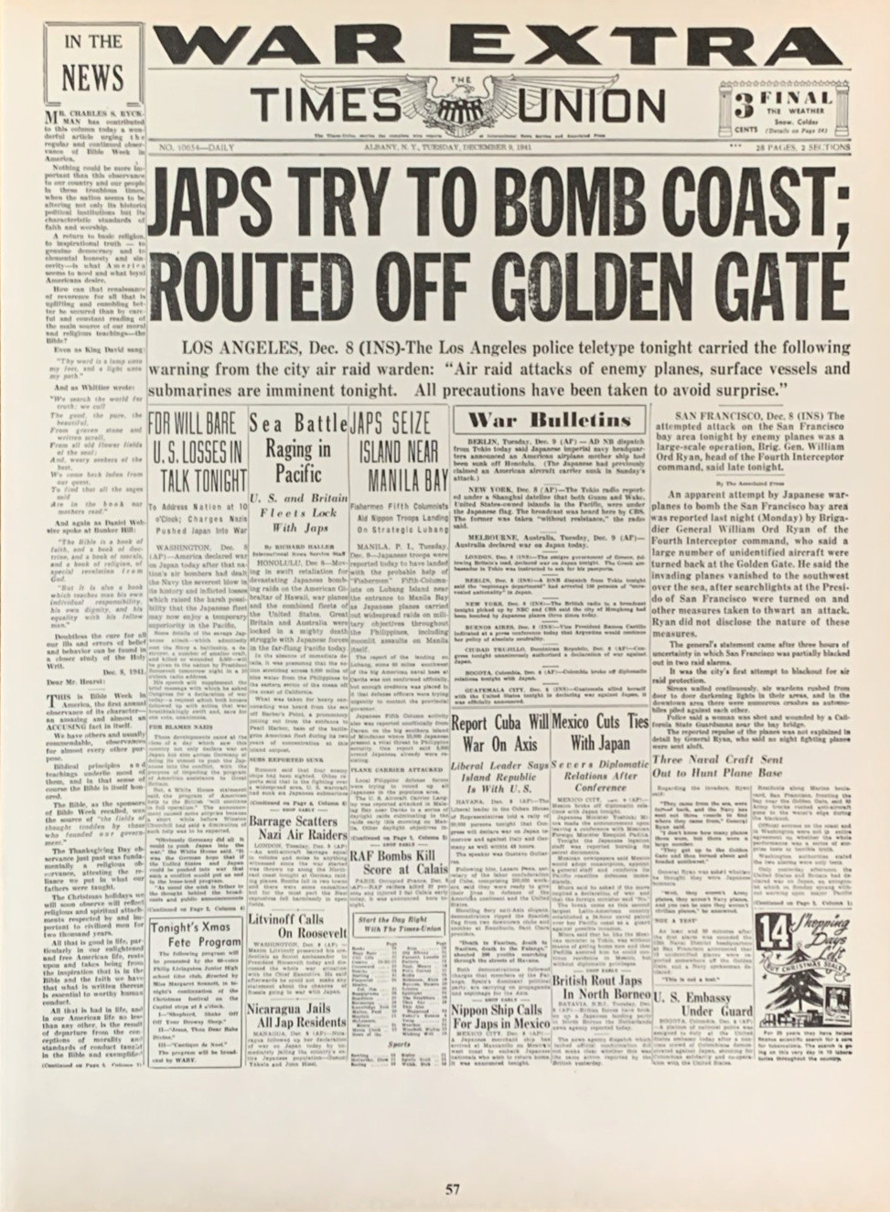 Times Union War Extra Japs Try Bomb Coast Newspaper Front Page Headline 1941 #57