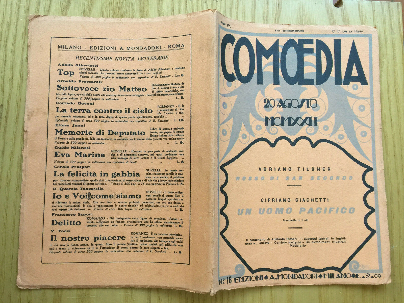 MONDADORI COMEDY PERIODICO COMEDIA E VITA THEATRALE N° 16 1922 A. TILGHER 2/19
