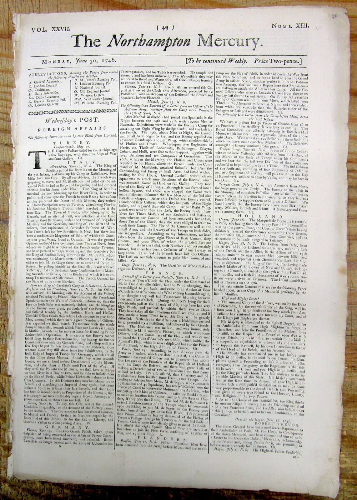 1746 newspaper w PEACE TERMS to END Early American Colonial War incl SLAVE TRADE