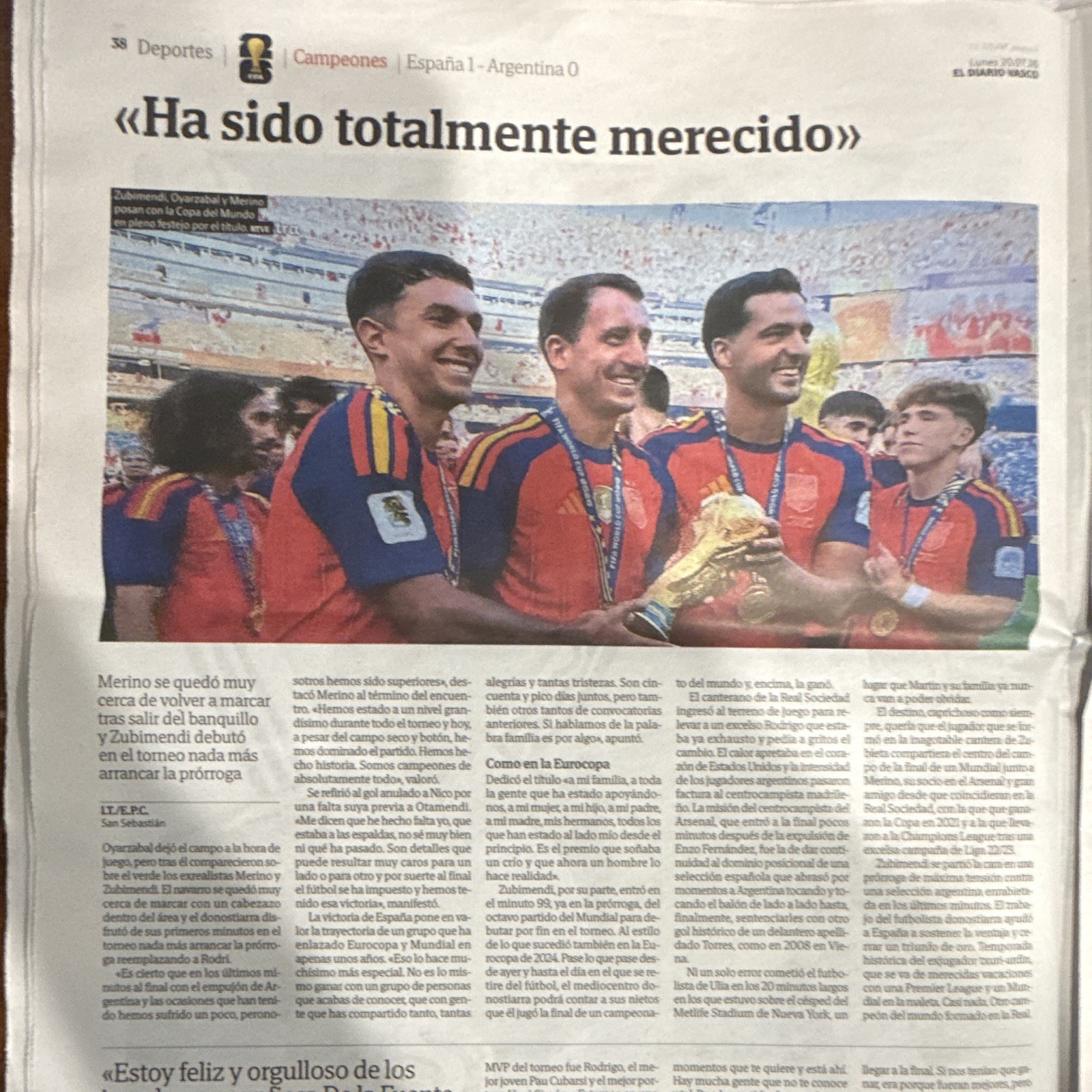 El Diario Vasco Spanish Newspaper July 20 2026 “¡BICAMPEONES!” Spain World Cup!