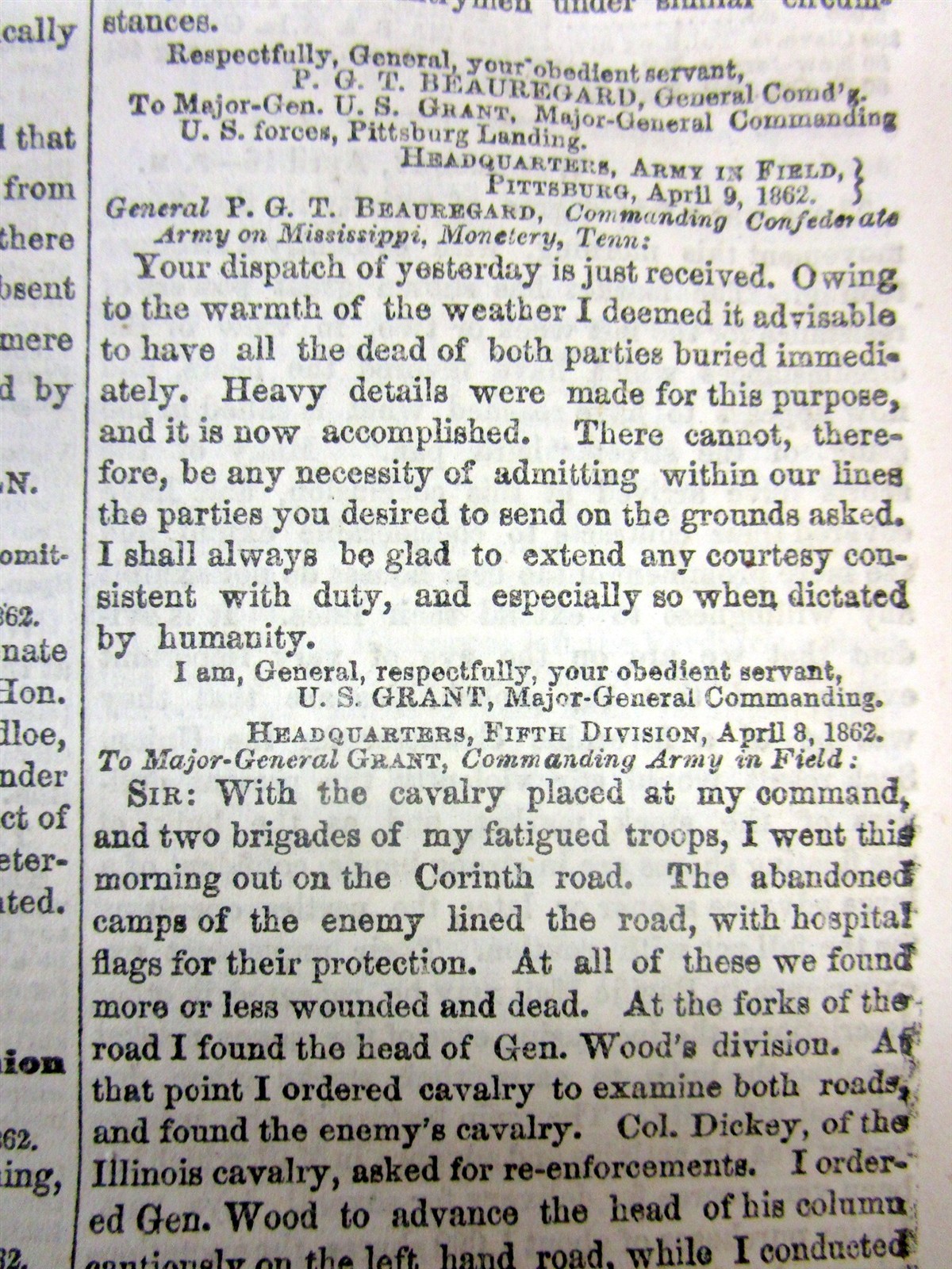 1862 Civil War newspaper BATTLE OF SHILOH Tennessee GEN BEAUREGARD v W T SHERMAN