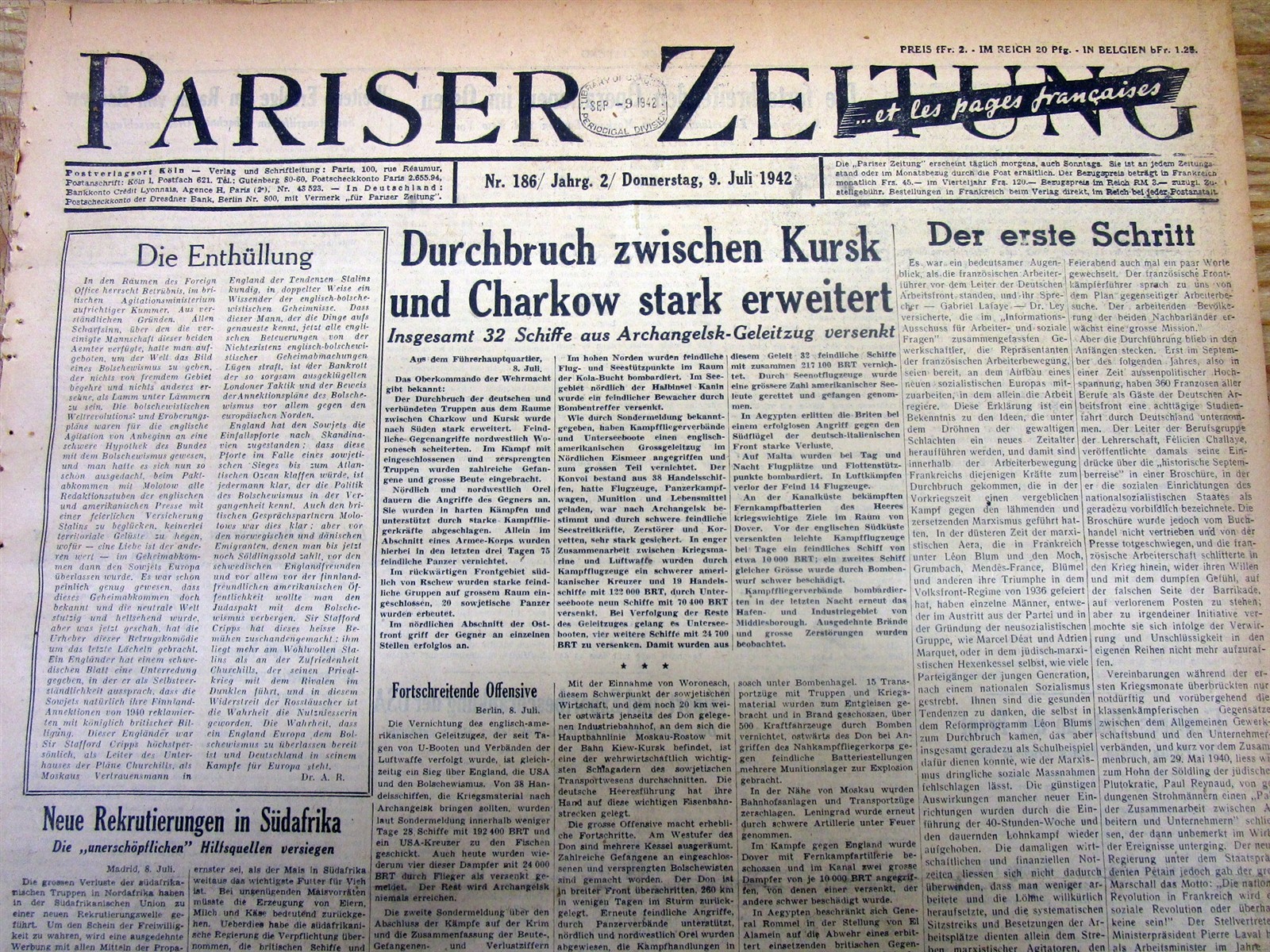 Rare 1942 WW II newspaper printed in PARIS duringTHE GERMAN OCCUPATION of FRANCE