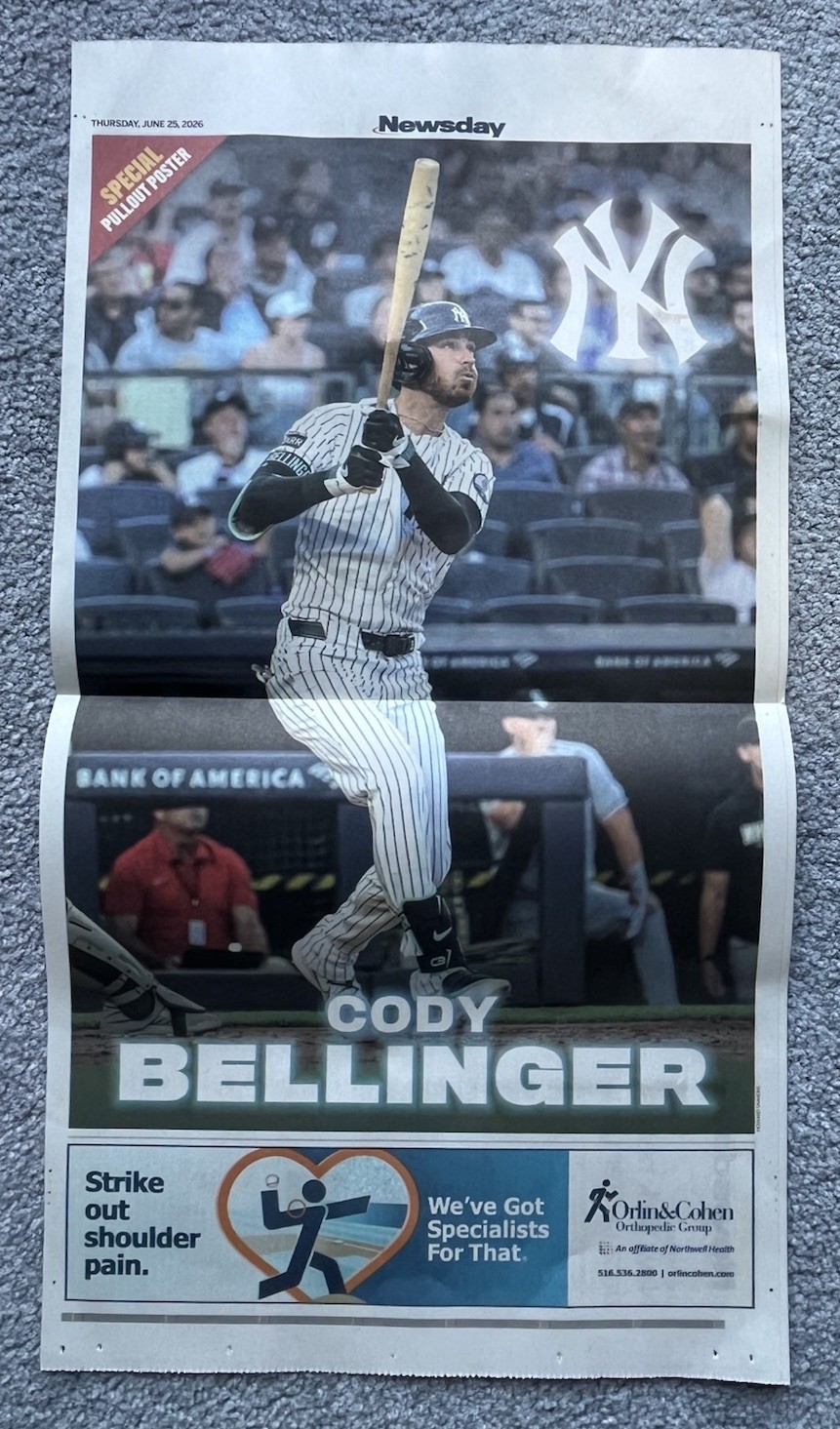 CODY BELLINGER NEW YORK YANKEES NEWSDAY CENTERFOLD POSTER. L/E. NEW.