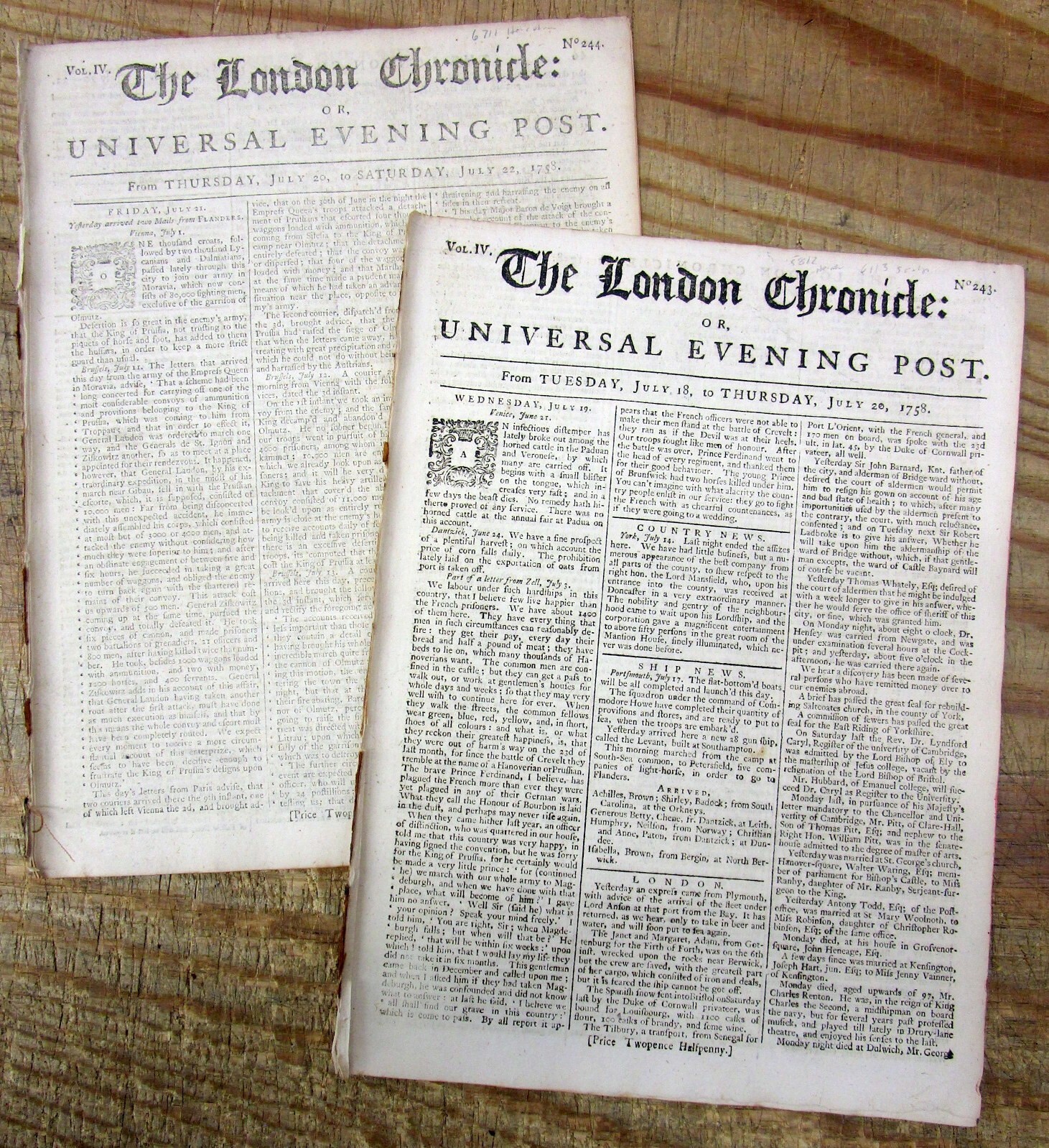 2 1758 newspapers w details of The ARCHEOLOGICAL discoveries HECULANEUM in ITALY
