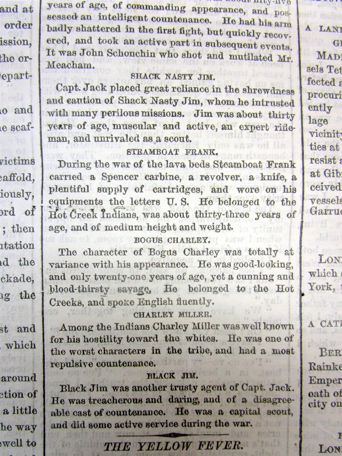 1873 NY Times newspaper The MODOC INDIAN WAR ENDS with HANGING of the LEADERS