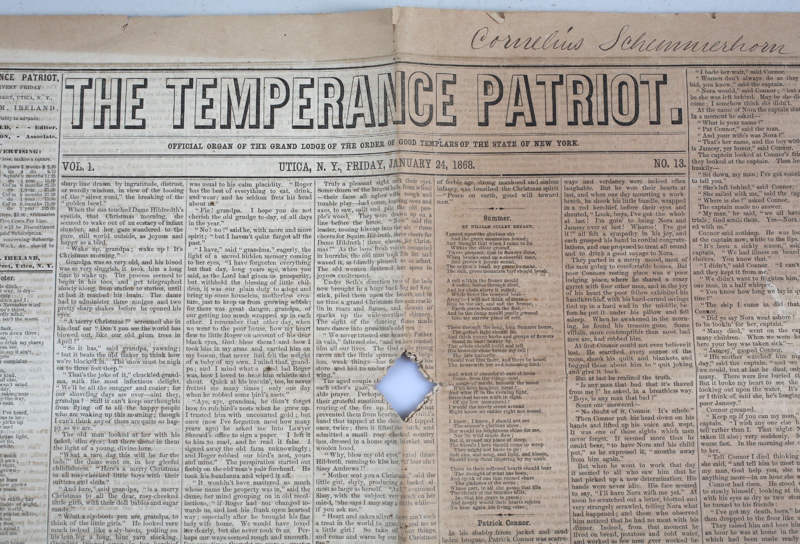 Antique 1868 Newspaper The Temperance Patriot Utica New York Prohibition